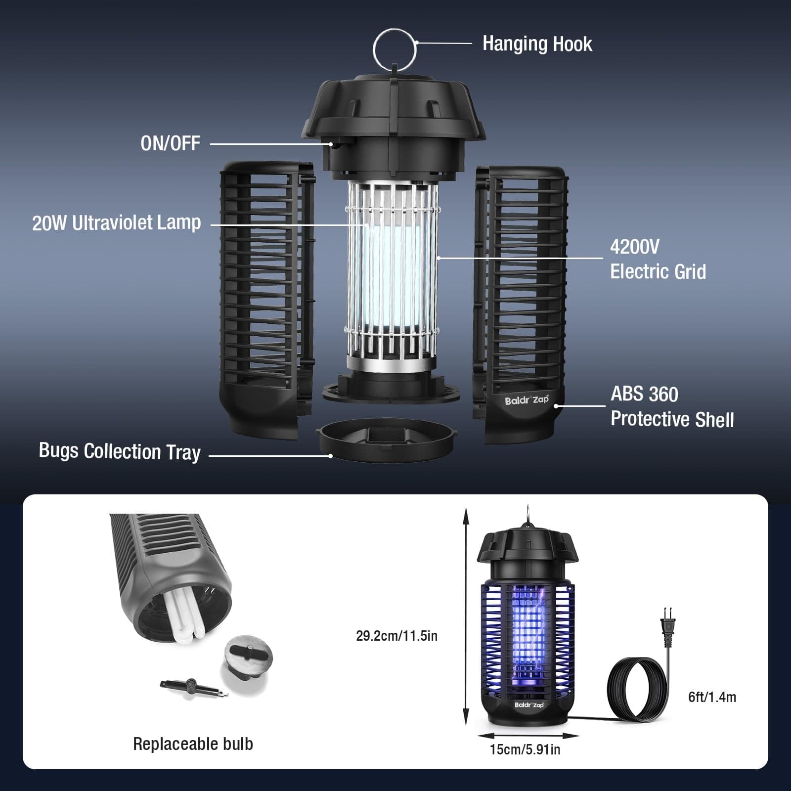 BALDR Bug Zapper Outdoor Indoor, 20W Power & 4200V Instant Grid Mosquito Repellent, Coverage of 1/2 Acre Fly Trap for Patio, Backyard, Home，2 Pack, view 5