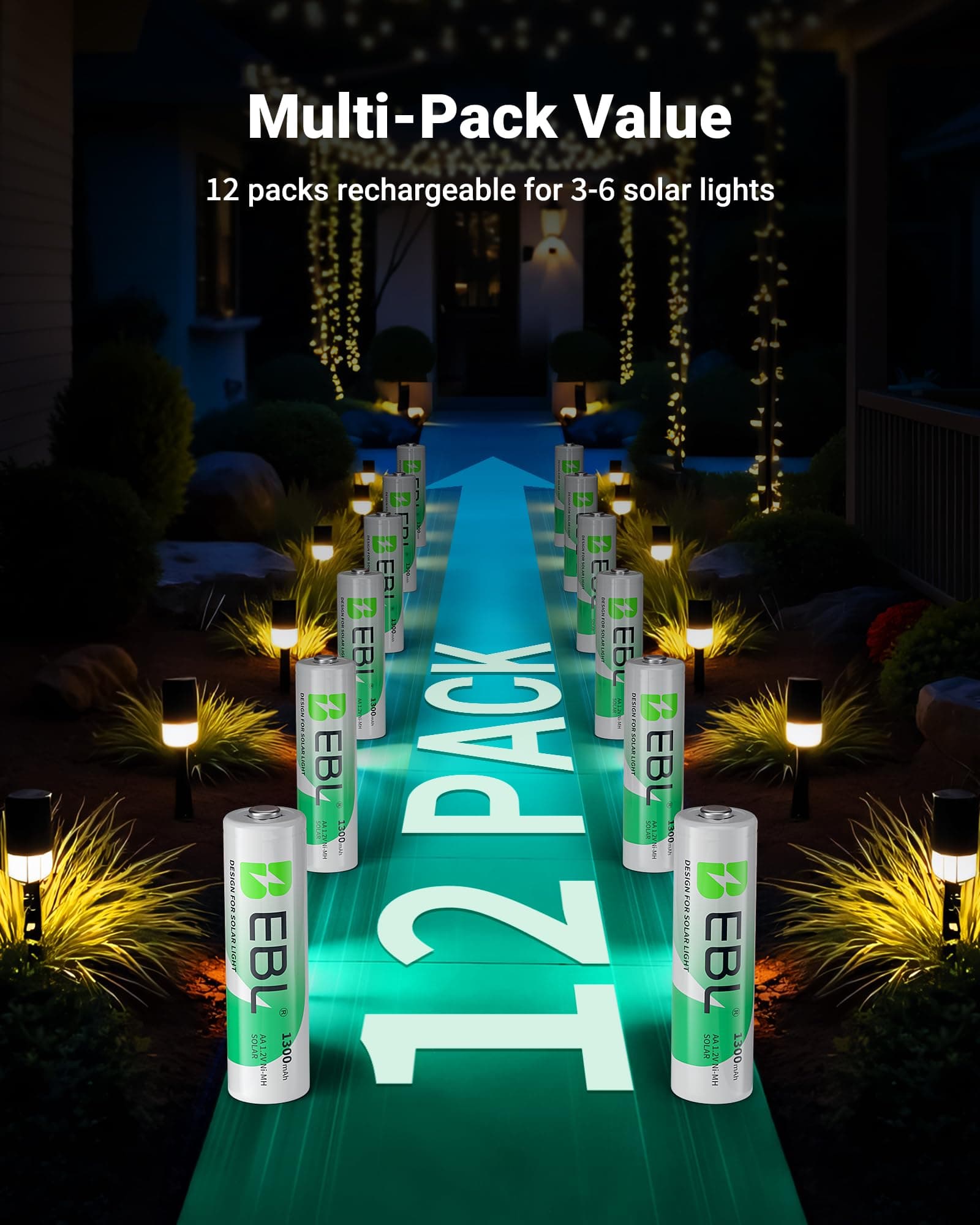 EBL Solar AA Battery Rechargeable Batteries for Solar Lights, 12 Pack, view 4