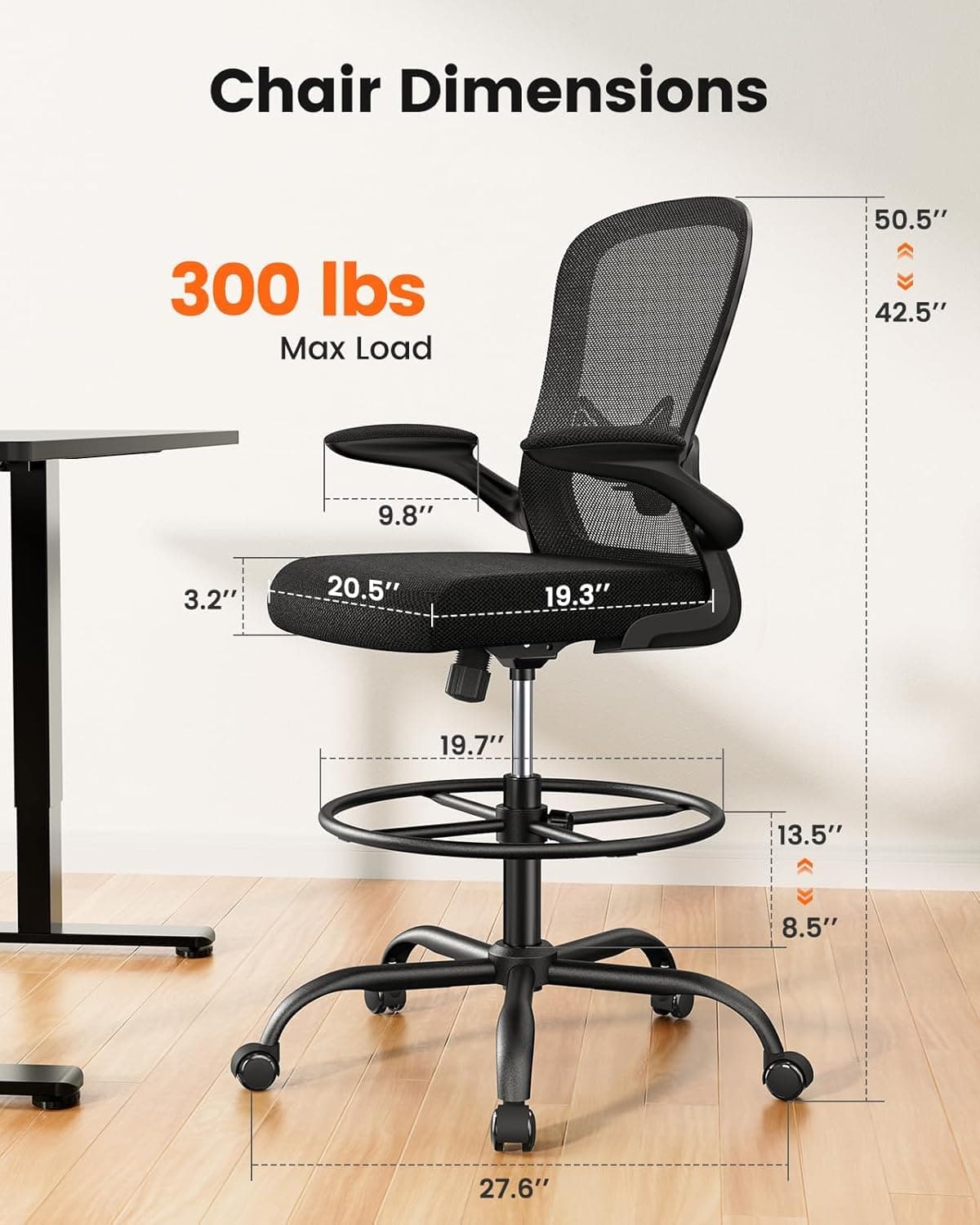ErGear Drafting Chair, Standing Desk Chair with Flip-Up Armrests, High Desk Chair Adjustable Height, Ergonomic Tall Office Chair with Lumbar Support and Adjustable Footrest Ring, view 2