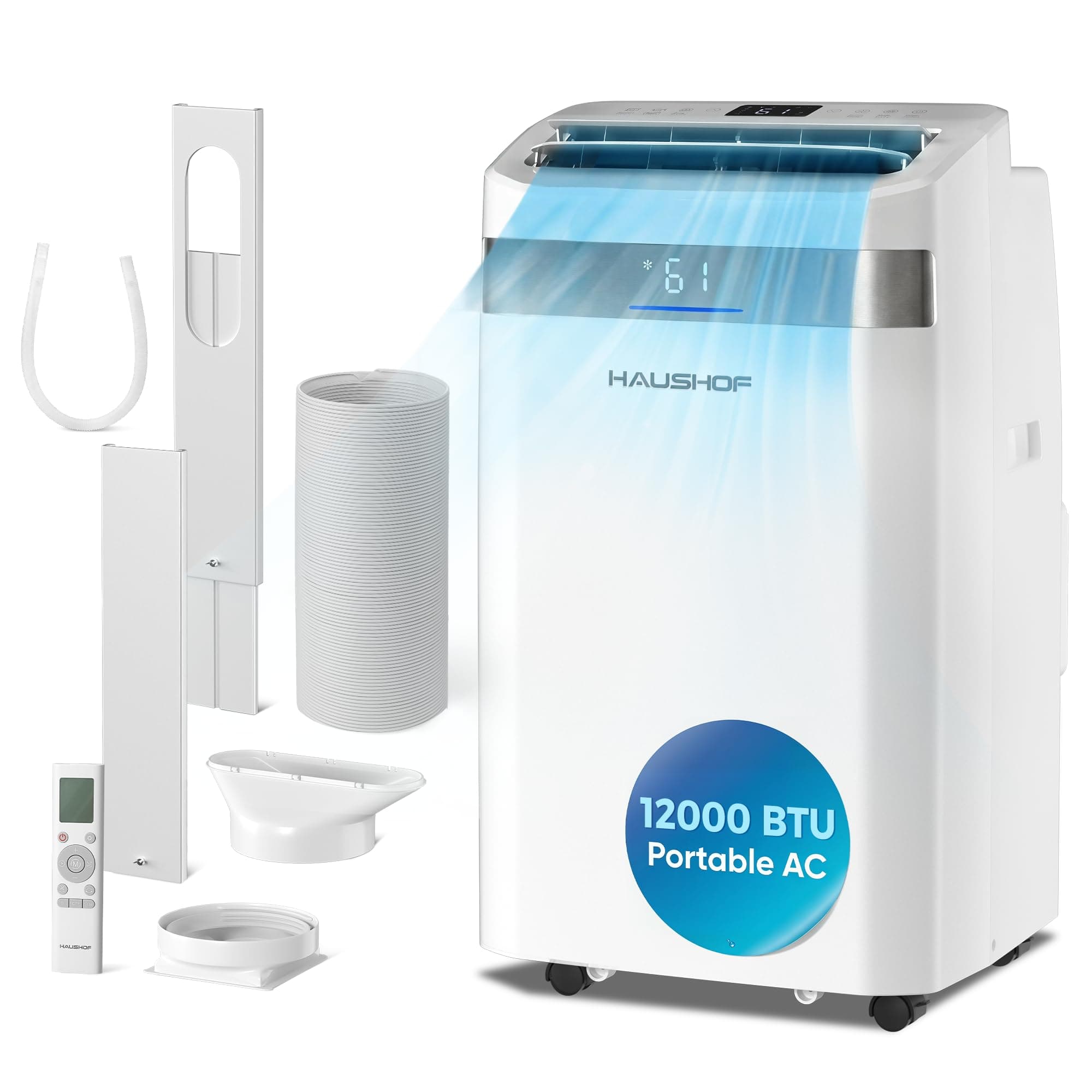 HAUSHOF 12000 BTU Portable Air Conditioners, Portable AC with Cool, Fan, Dry & Sleep Mode, AC Unit Portable with 35°-70° Auto Swing, Remote Control,24H Timer, Window Kit & Exhaust Hose Sleeve Included