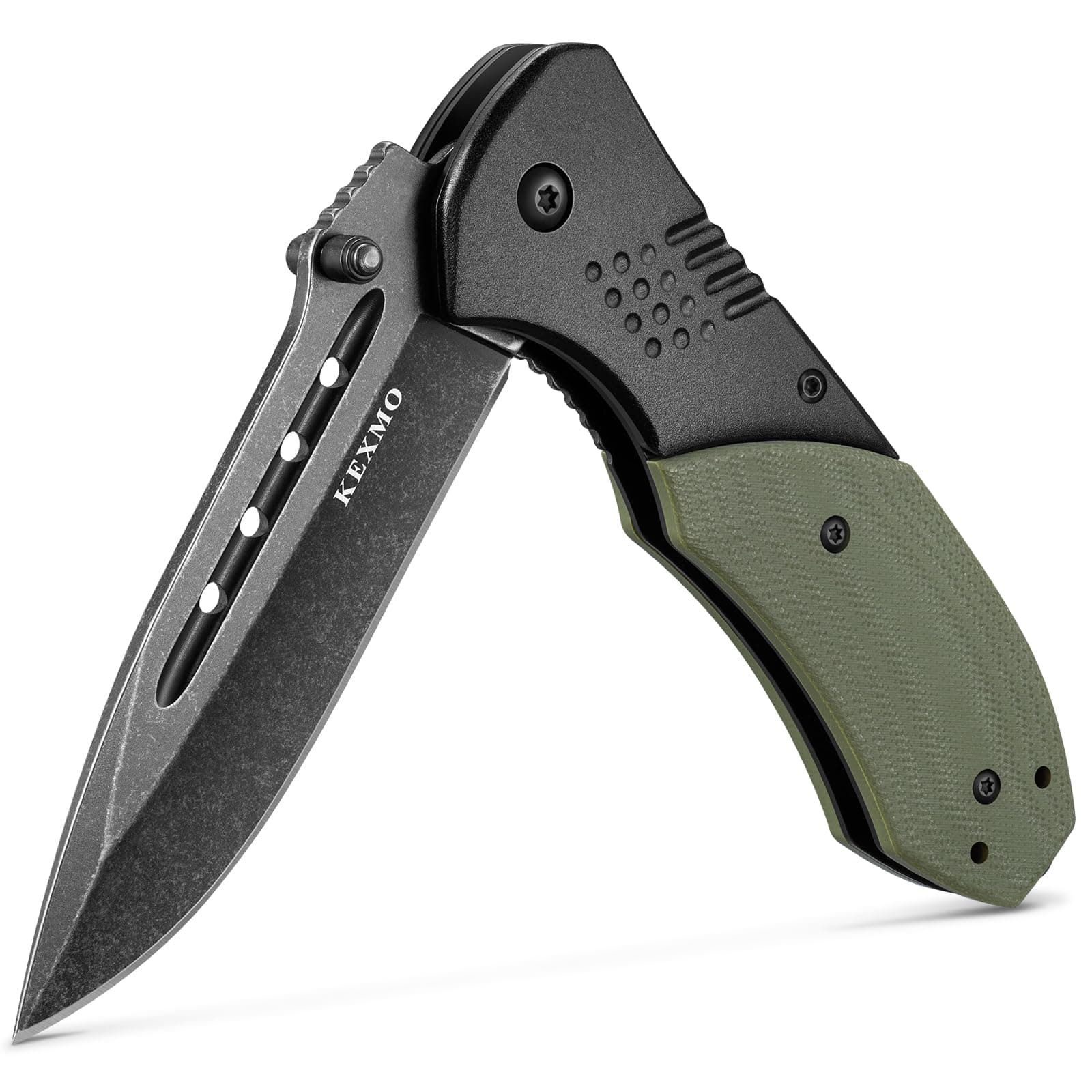KEXMO Folding Pocket Knife with 3.46" D2 Steel Black Stone Wash Blade and G10 Handle Small Camping Knife for Men Women EDC Outdoor Survival Fishing, Green, view 9