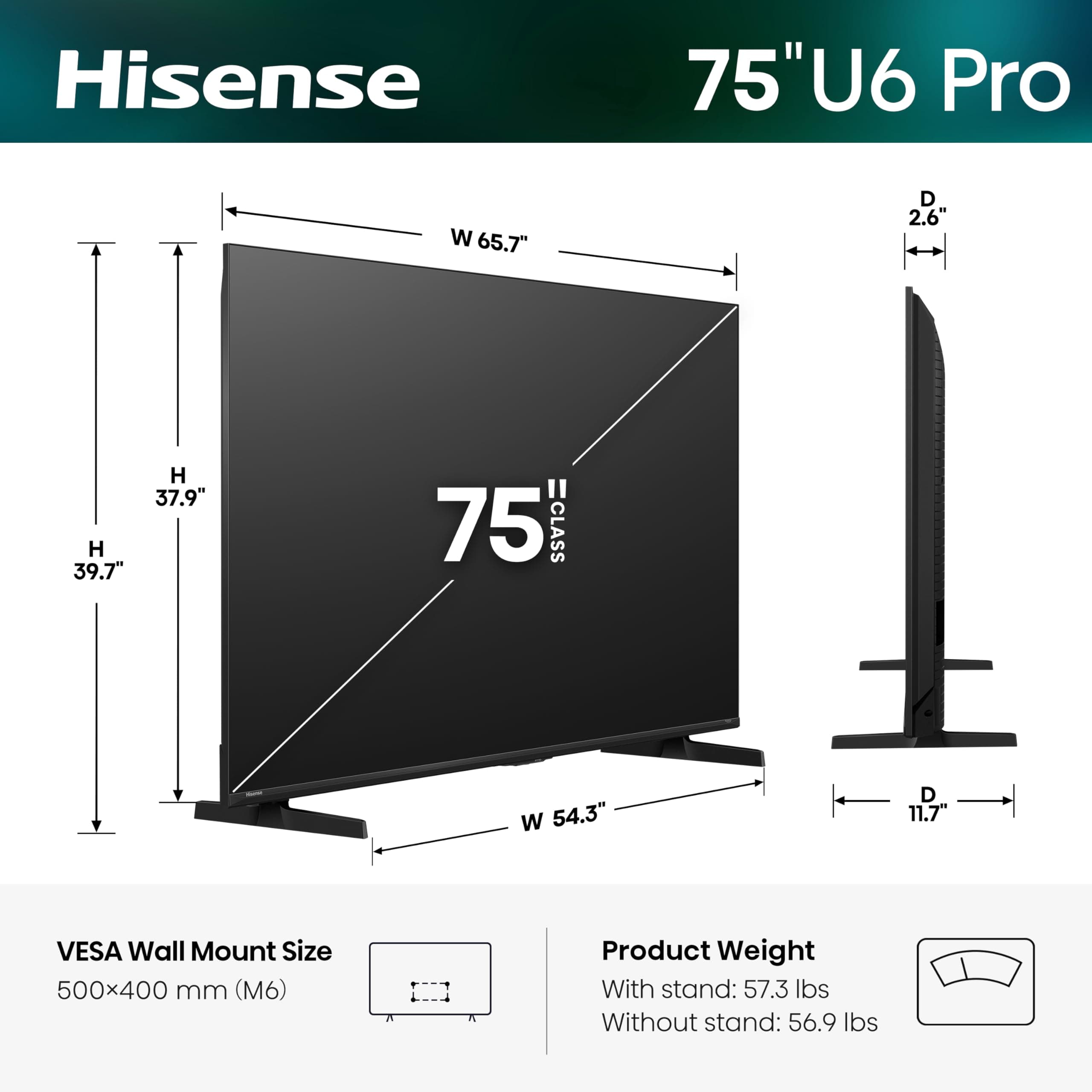 Hisense 75" U6 Pro Series Mini‑LED ULED 4K UHD HDR Gaming AI Smart Fire TV (75U6SF Pro, 2026 New) – Hi-QLED, Native 144Hz, Motion Rate 480, Dolby Vision IQ · Atmos, HDR10+, Glare-Free, Alexa+, view 2