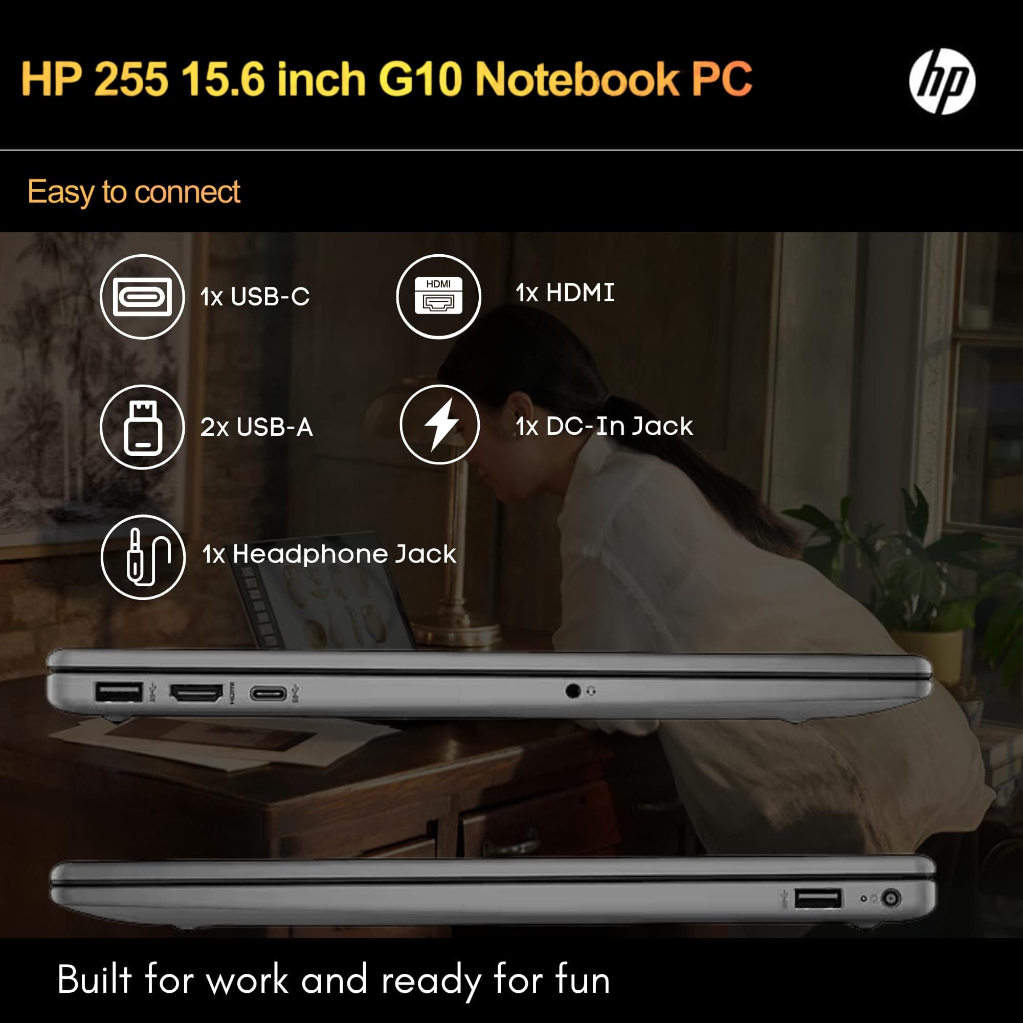 HP 255 G10 Laptop, 16GB RAM, 256GB SSD, Ryzen 3 7330U, 15.6" Full HD ASIN, view 7