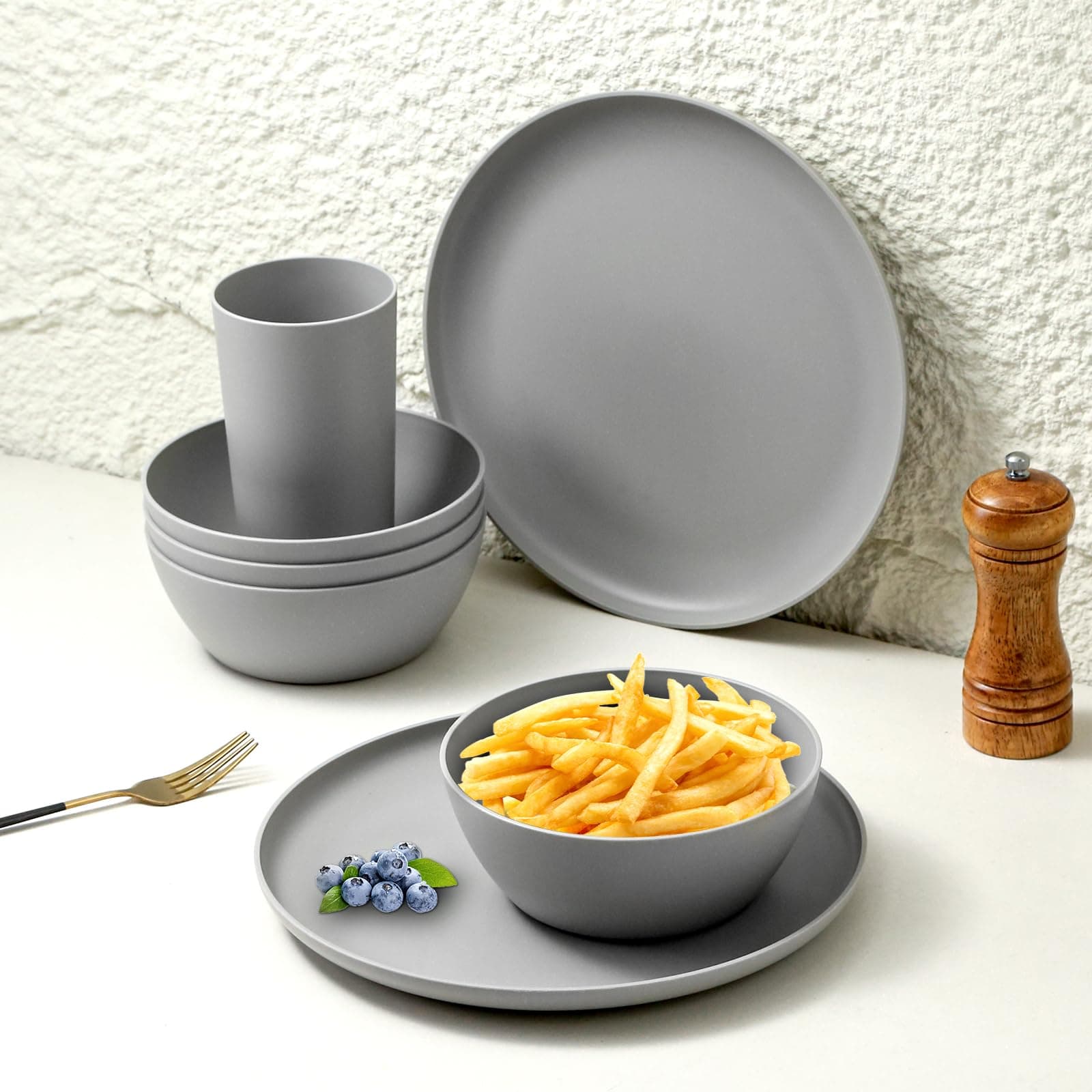 YARRGGU 24-Piece Dinnerware Set, Service for 8, Unbreakable Plates and Bowls Set, BPA-Free, Dishwasher Safe, Gray Tableware for Kitchen, Party and Picnic, view 4