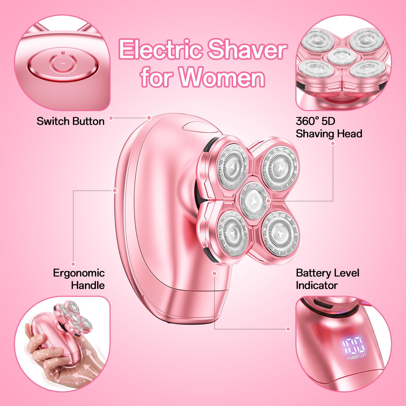 5-in-1 Electric Razors for Women, Portable Electric Shavers for Full Body, Waterproof Wet/Dry, Rechargeable Hair Remover for Lady Legs, Face, Underarms, Lips, Arms, view 5