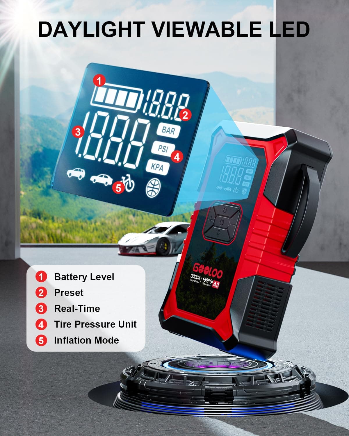 GOOLOO A3 12V 3000A Portable Jump Starter with Air Compressor, view 6