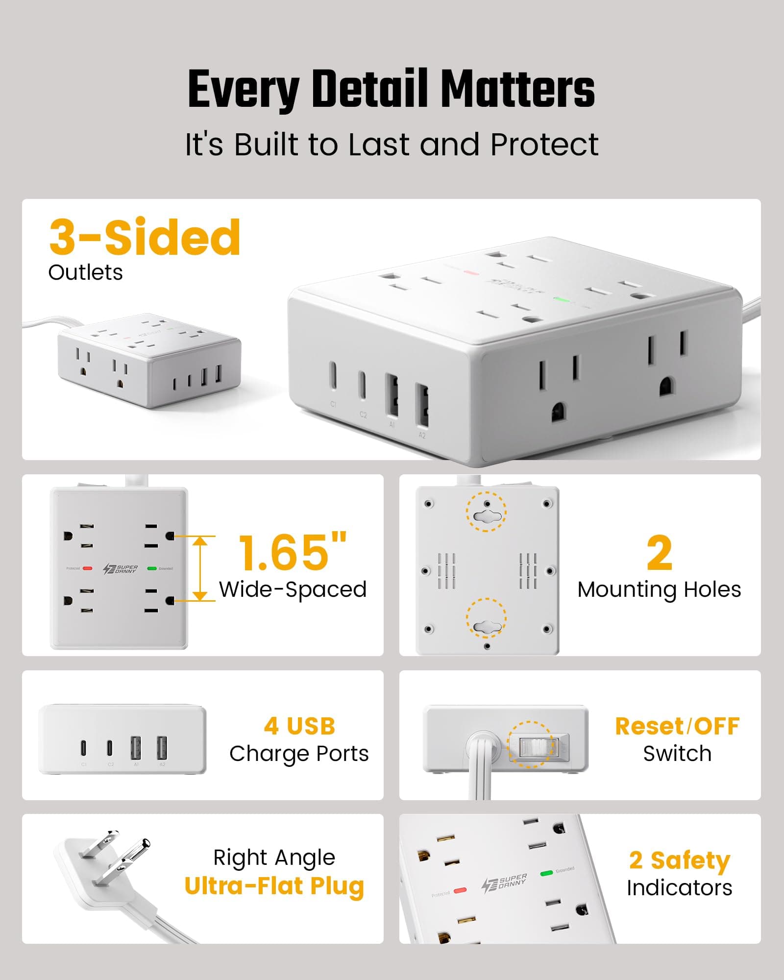 SUPERDANNY Extension Cord,Flat Plug Surge Protector Power Strip,10Ft, view 8