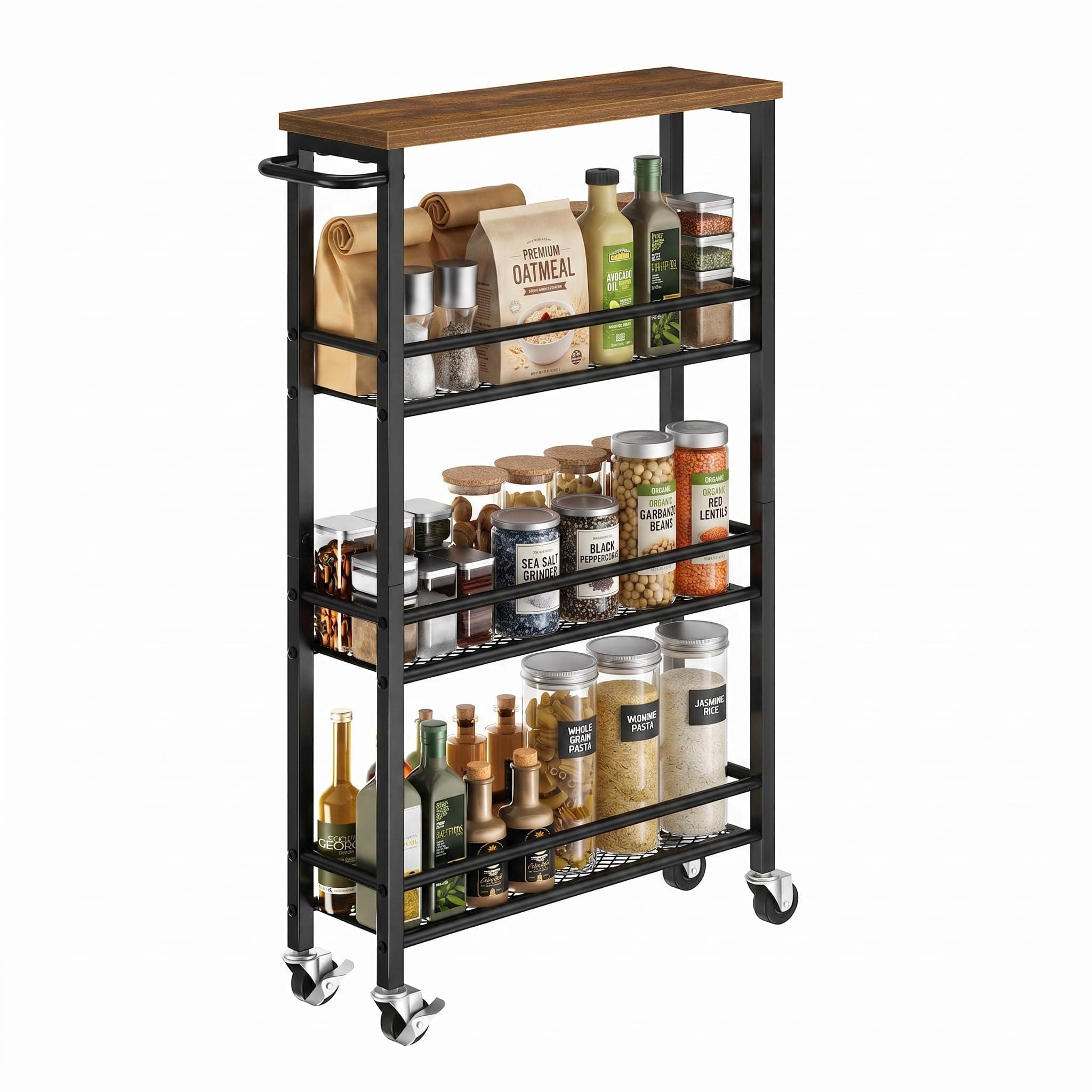 Pipishell Slim Storage Cart with Wheels - 4 Tier Rolling Kitchen Storage Cart with Handle and Wood Top, Metal Slim Bathroom Cart for Laundry Room, Bathroom, Kitchen, Narrow Space, Black & Rustic Brown
