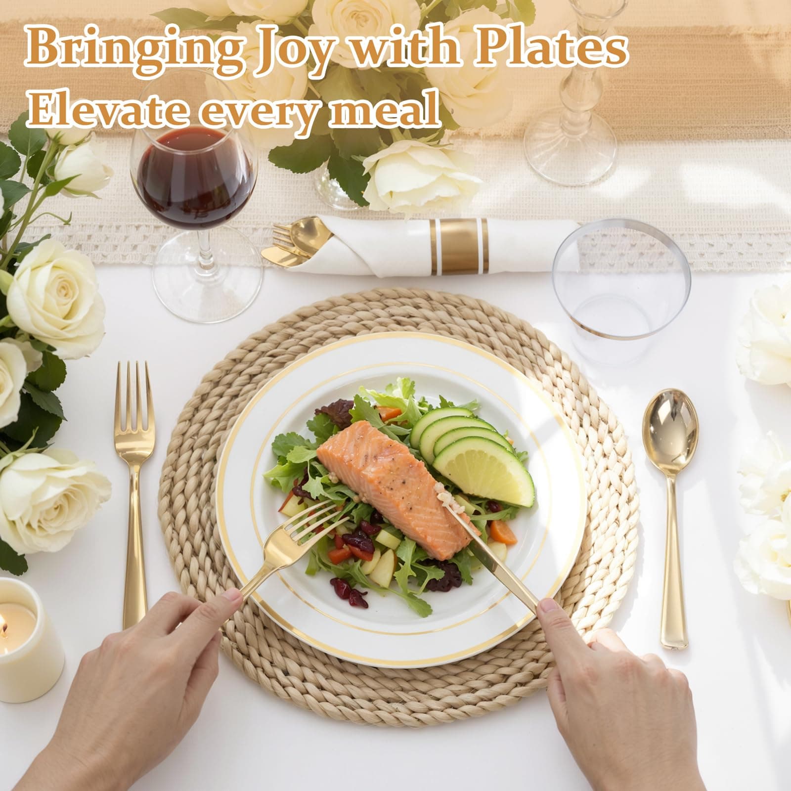 WDF Partyware 350Piece Gold Dinnerware Set for 50 Guests - Gold Plastic Plates with Disposable Cutlery - 50Dinner Plates-50Dessert Plates-50Pre Rolled Napkins with Silverware for Wedding/Birthday, view 3