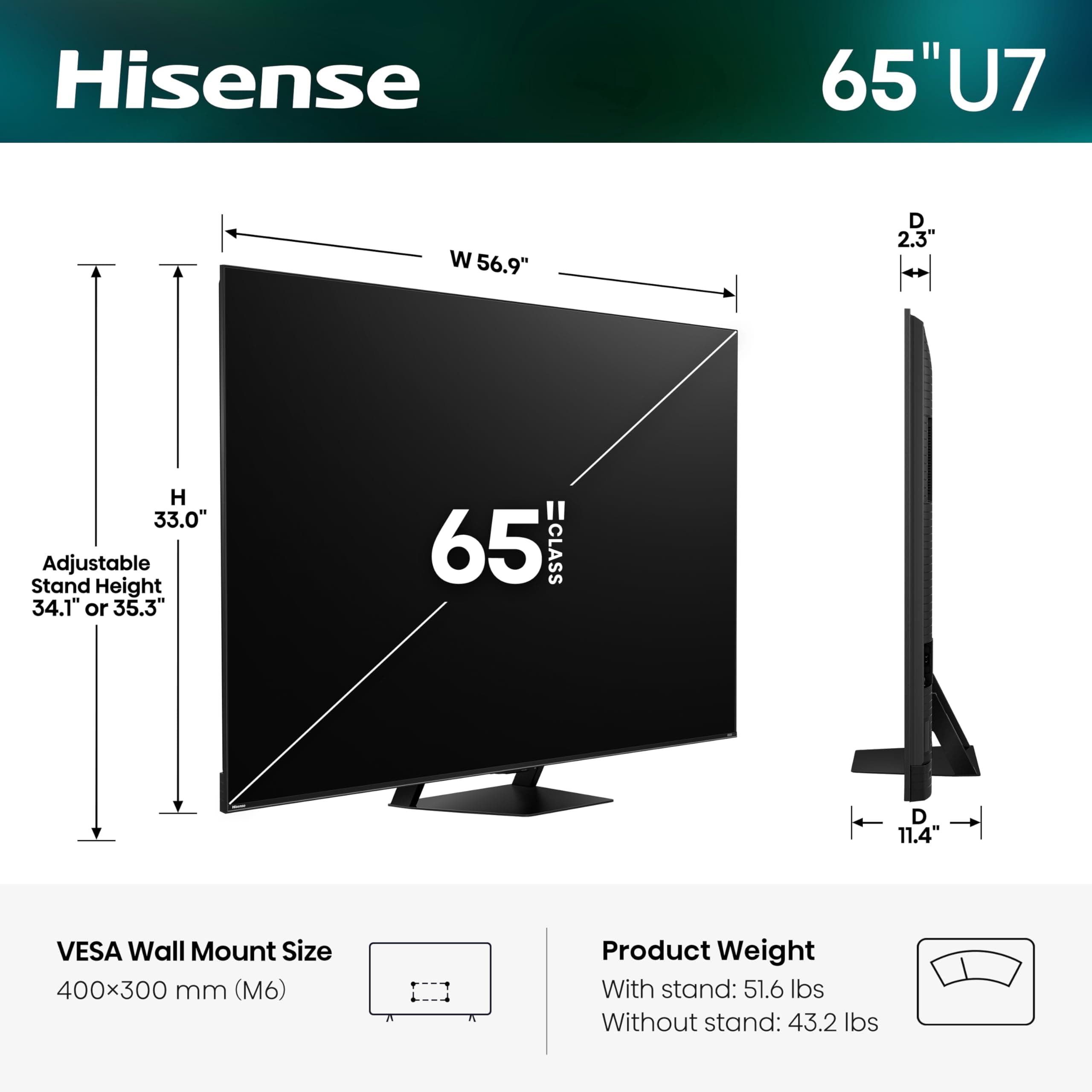 Hisense 65" U7 Mini-LED ULED 4K UHD Best Premium Gaming Smart Google TV (65U7SG, 2026 NEW) - Hi-QLED, Native 165Hz, VRR 330, HDR10+, Dolby Vision IQ · Atmos, IMAX Enhanced, Anti-Reflection, 2.1.2 Ch, view 2
