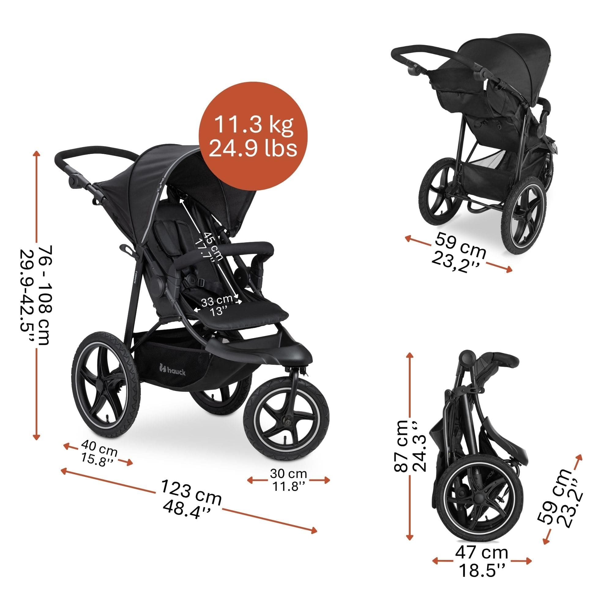 hauck 3-Wheel All Terrain Stroller with Raincover, XL Pneumatic Air Wheels, Mesh Window, and Height-Adjustable Handle, UPF 50+ - from Birth up to 48.5lbs, view 4