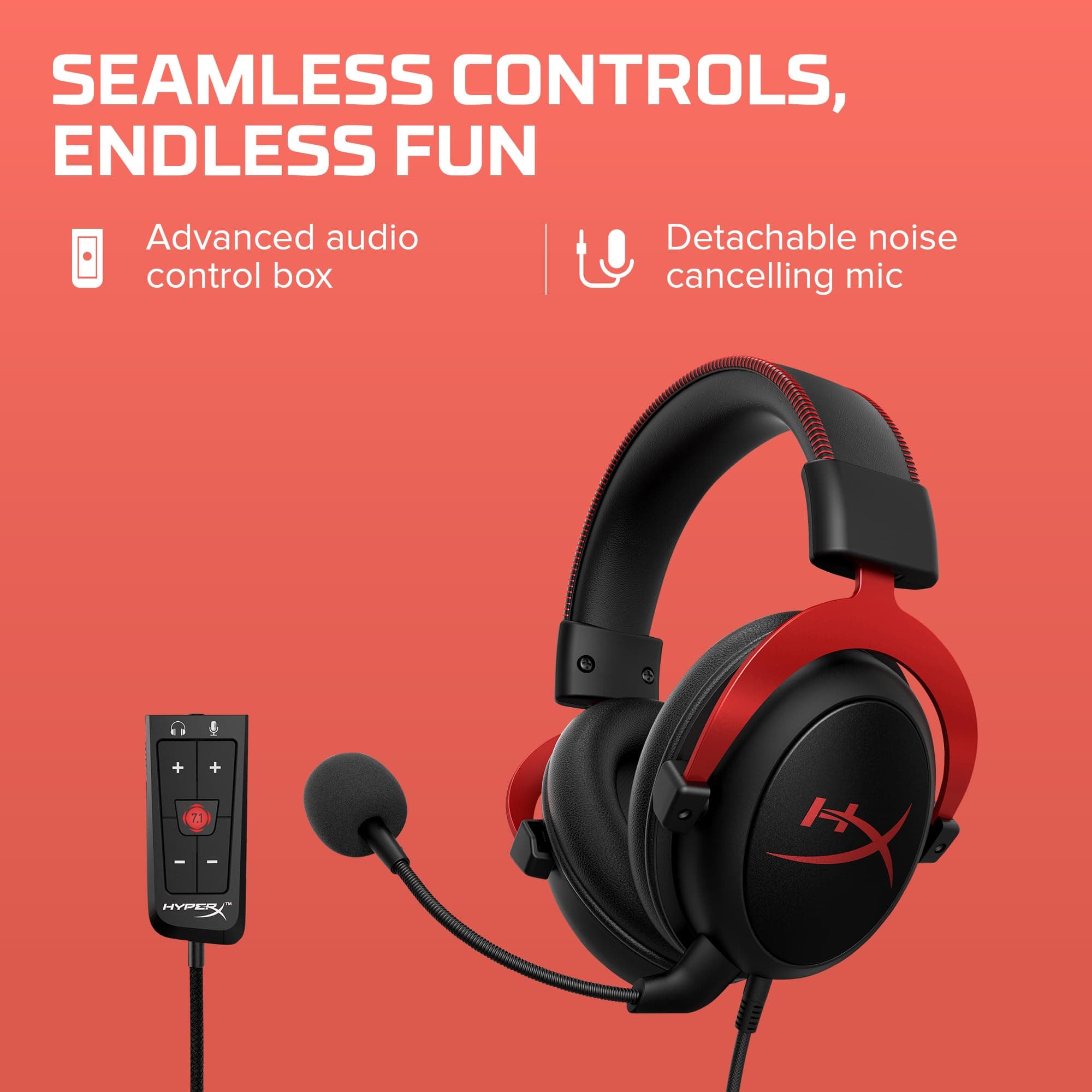HyperX Cloud II Gaming Headset - 7.1 Surround Sound - Memory Foam Ear Pads - Durable Aluminum Frame - Multi Platform Headset - Works with PC, PS4, PS4 PRO, Xbox One, Xbox One S - Red (KHX-HSCP-RD), view 4
