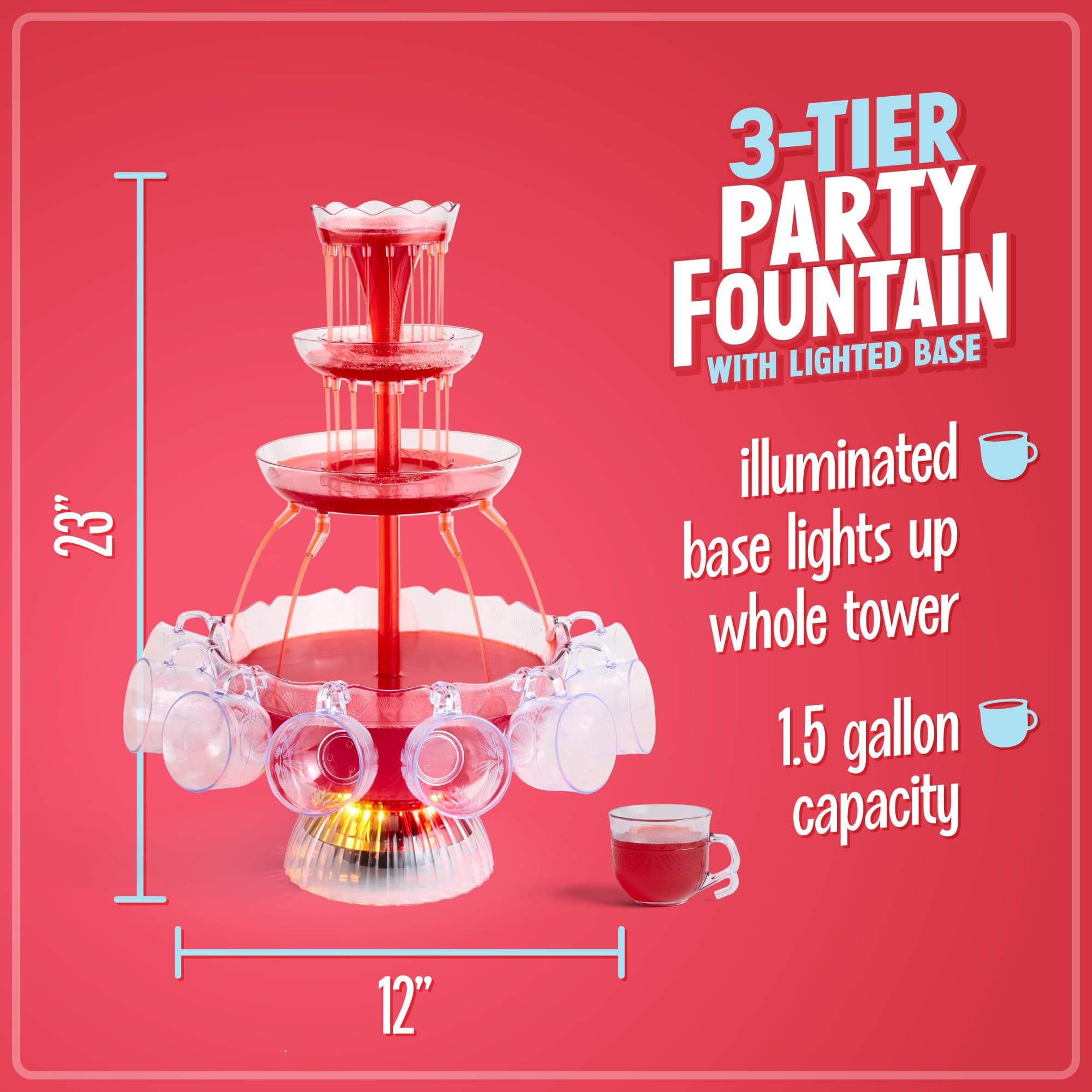 Nostalgia 3-Tier Party Fountain, Holds 1.5 Gallons, LED Lighted Base, Includes 8 Reusable Cups, 1.5 Gallon, Clear, view 2