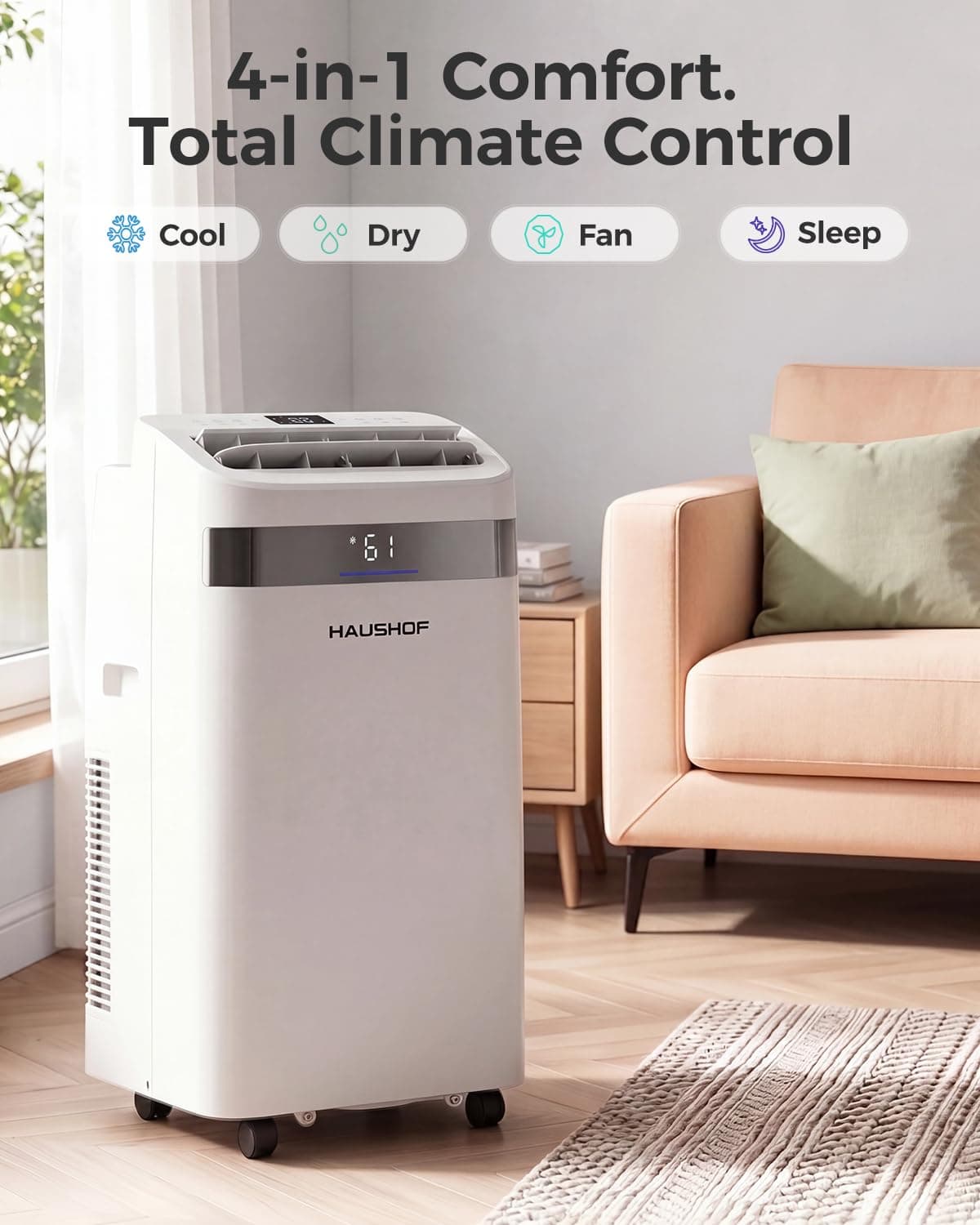 HAUSHOF 12000 BTU Portable Air Conditioners, Portable AC with Cool, Fan, Dry & Sleep Mode, AC Unit Portable with 35°-70° Auto Swing, Remote Control,24H Timer, Window Kit & Exhaust Hose Sleeve Included, view 3