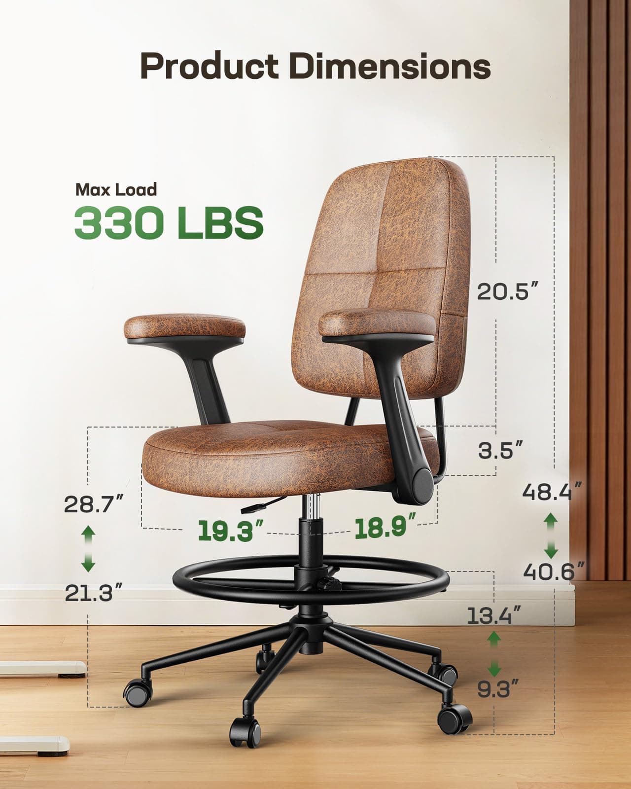 Marsail Ergonomic Drafting Chair for Standing Desk, 330lbs Heavy Duty Tall Office Chair with Adjustable Foot Ring & Flip-Up Arms, Comfort Brown Leather, 3.5" Thick Cushion, view 2