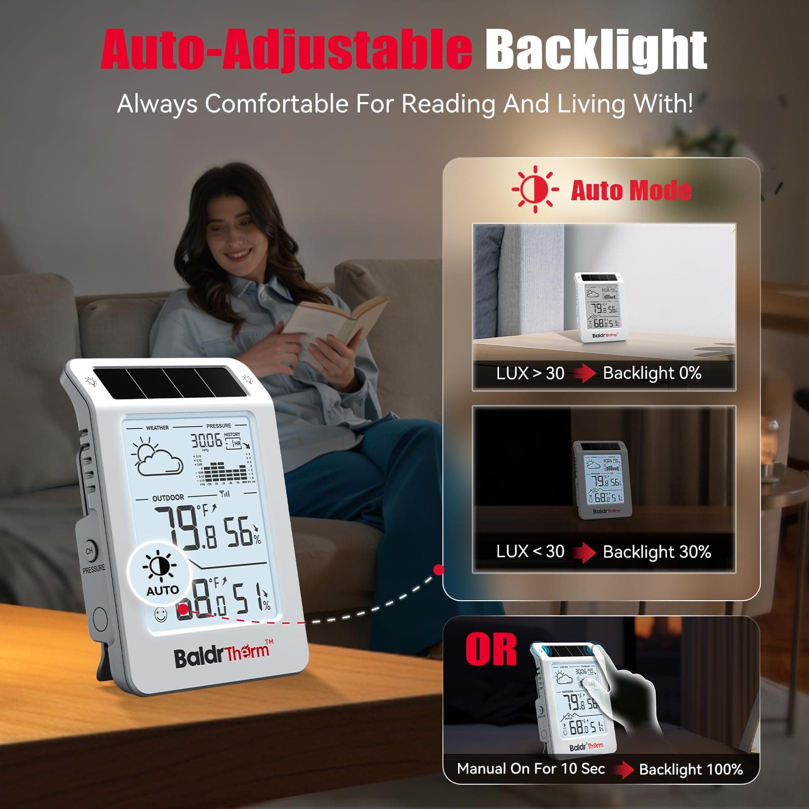BaldrTherm Outdoor Indoor Thermometer Wireless Weather Station, Dual-Zone Childroom Temp Humidity Monitor, Auto Smart Backlight,Temp/Humidity/Barometric Trend Visualization, White&White, view 3