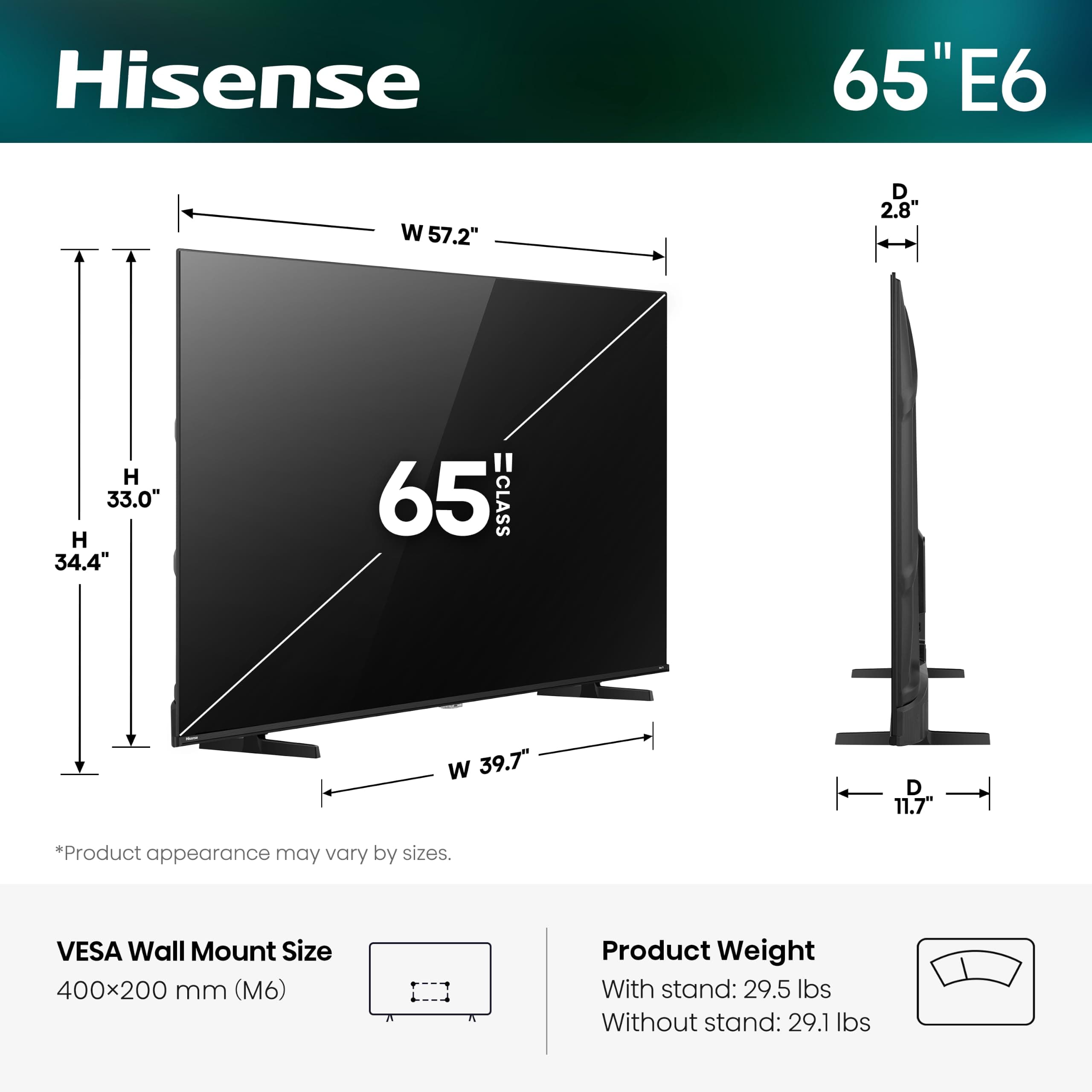 Hisense 65" Class E6SR Series Hi-QLED 4K UHD Smart Roku TV (65E6SR, 2026 Model) - Dolby Vision, Game Mode Plus, VRR, ALLM, DTS Virtual:X, Apple AirPlay, Compatible with Alexa and Google Assistant, view 2