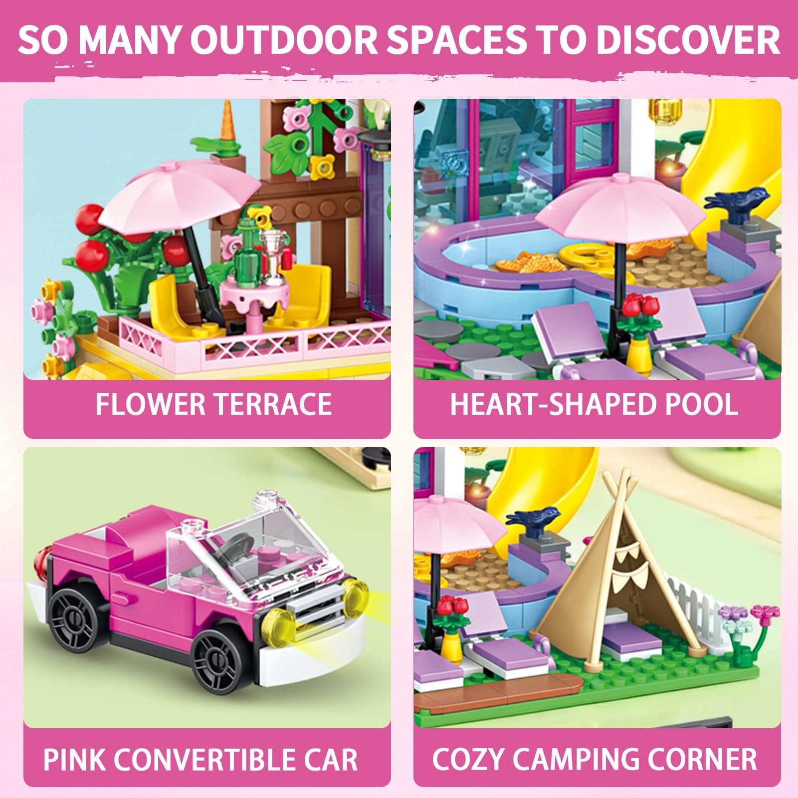 4-Story Villa Building Set for Girls, House Building Block Set with Heart Pool, Piano Room & Pink Car, 1310 Pcs Toys & Christmas Birthday Gifts for Kids Girls Ages 8-12, Compatible with Lego, view 3