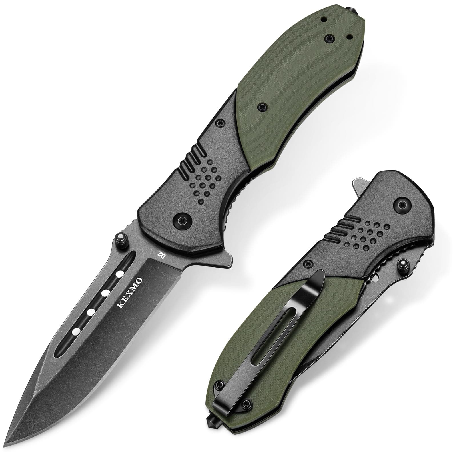 KEXMO Folding Pocket Knife with 3.46" D2 Steel Black Stone Wash Blade and G10 Handle Small Camping Knife for Men Women EDC Outdoor Survival Fishing, Green