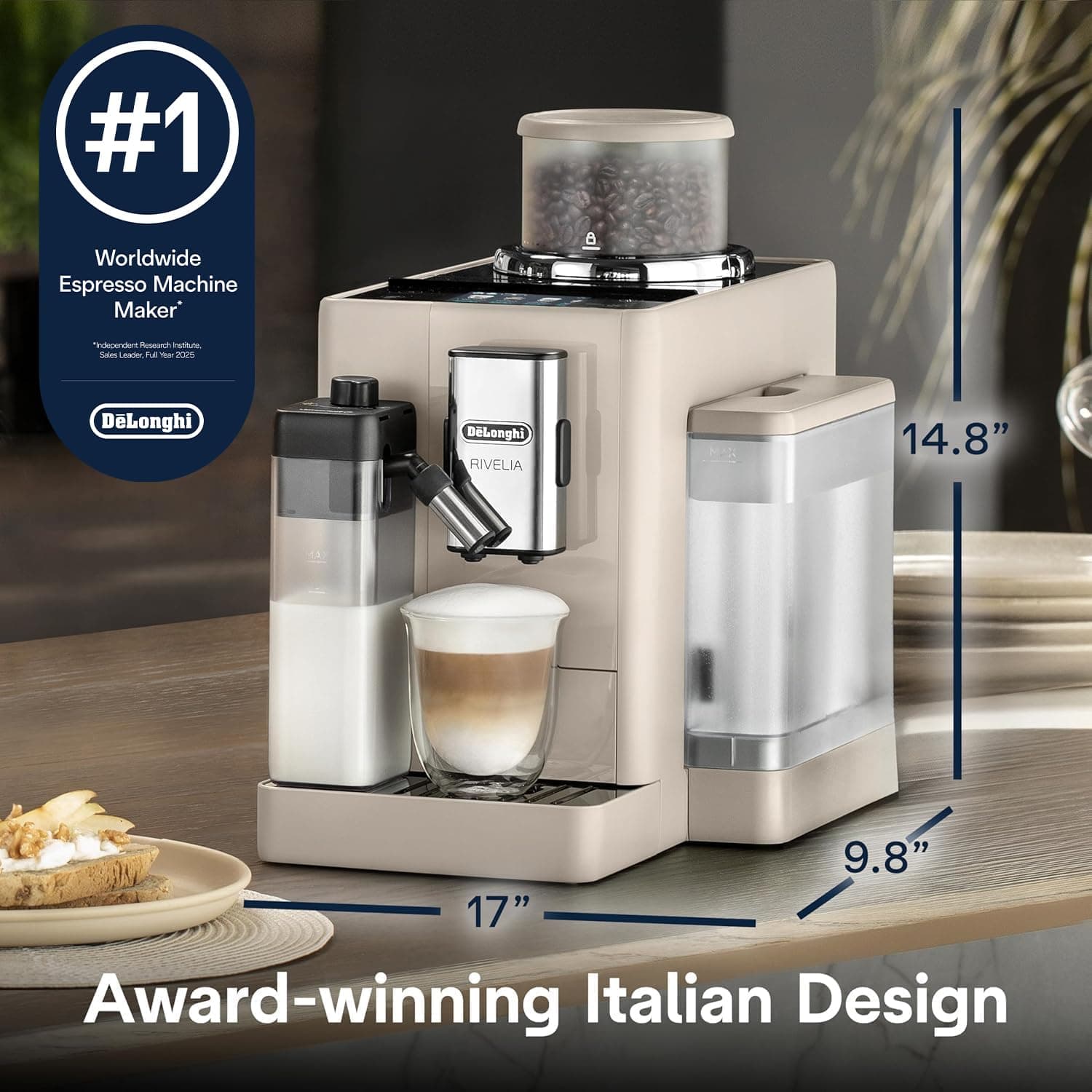De'Longhi Rivelia Automatic Espresso Machine, Grinder, Milk Frother, Beige, view 7