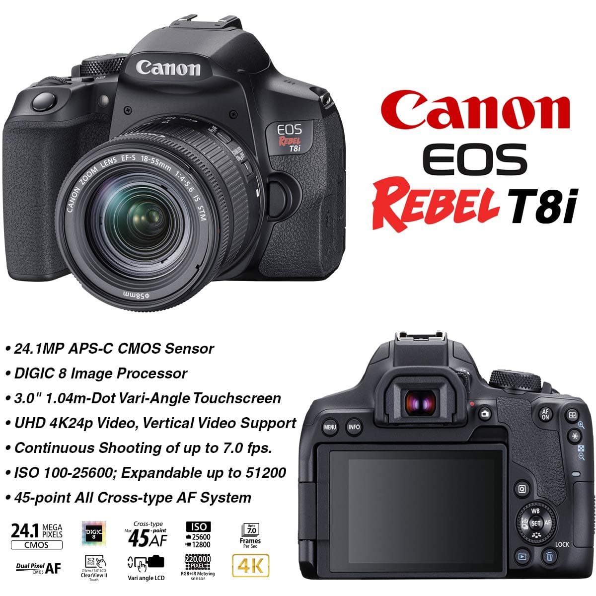 Canon EOS Rebel T8i DSLR Camera with 18-55mm & 75-300mm Lenses - 420-800mm Super Zoom Lens - 128GB Memory - Case - Tripod - 3pc Filter Kit - Black, view 2