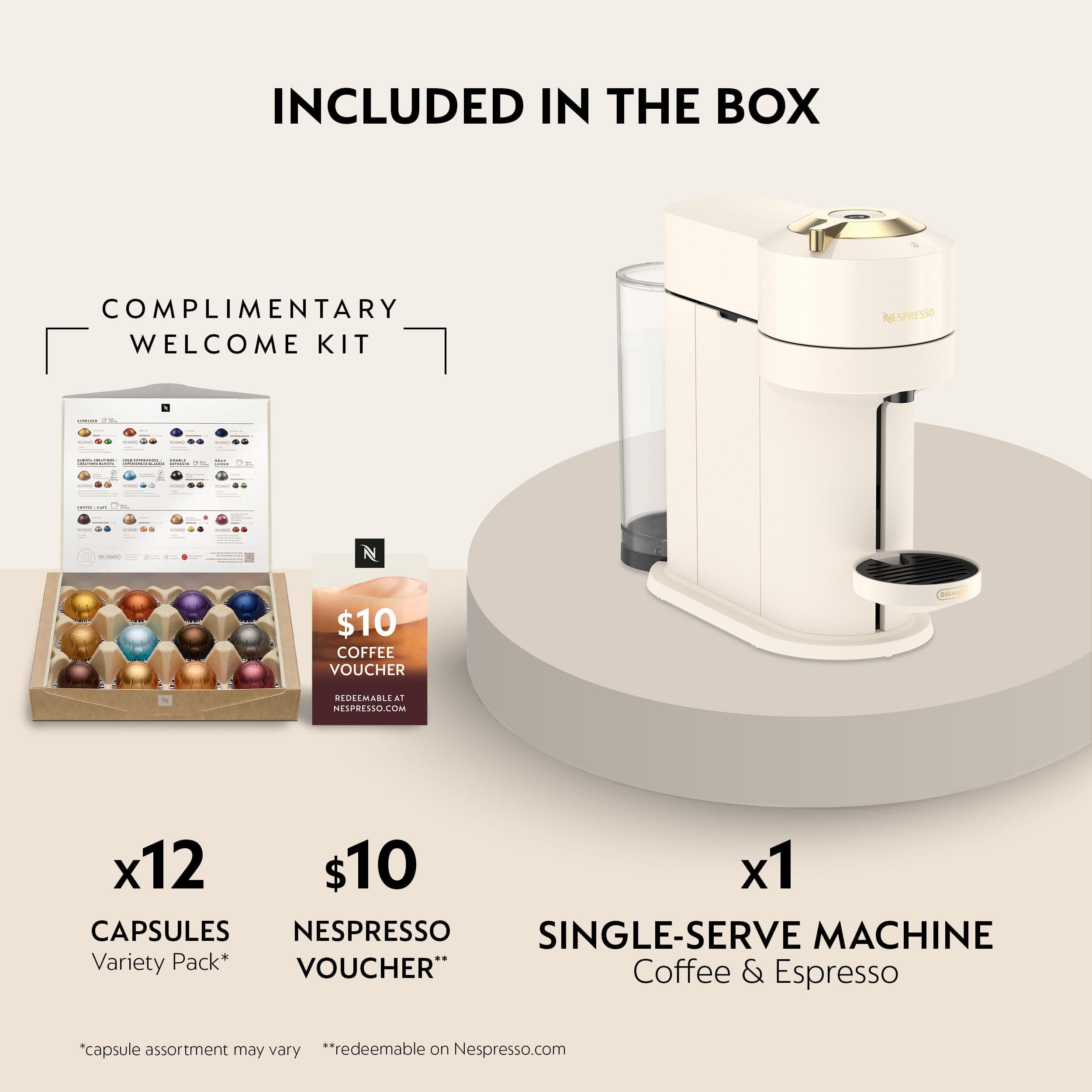 Nespresso Vertuo Next Coffee and Espresso Maker by De'Longhi, Creamy White and Gold, view 4