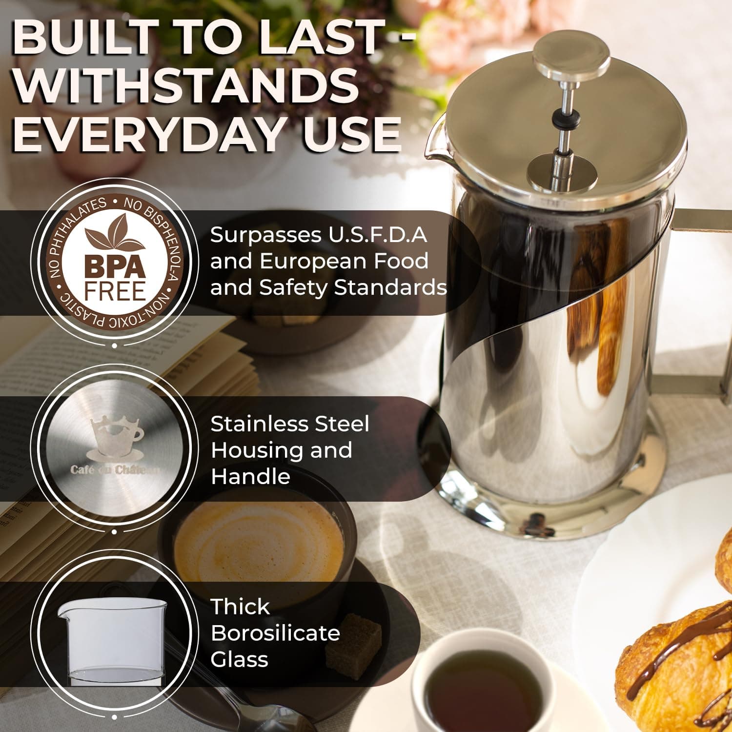 Cafe Du Chateau French Press Coffee Maker, 34 oz Glass, Stainless Steel, view 4