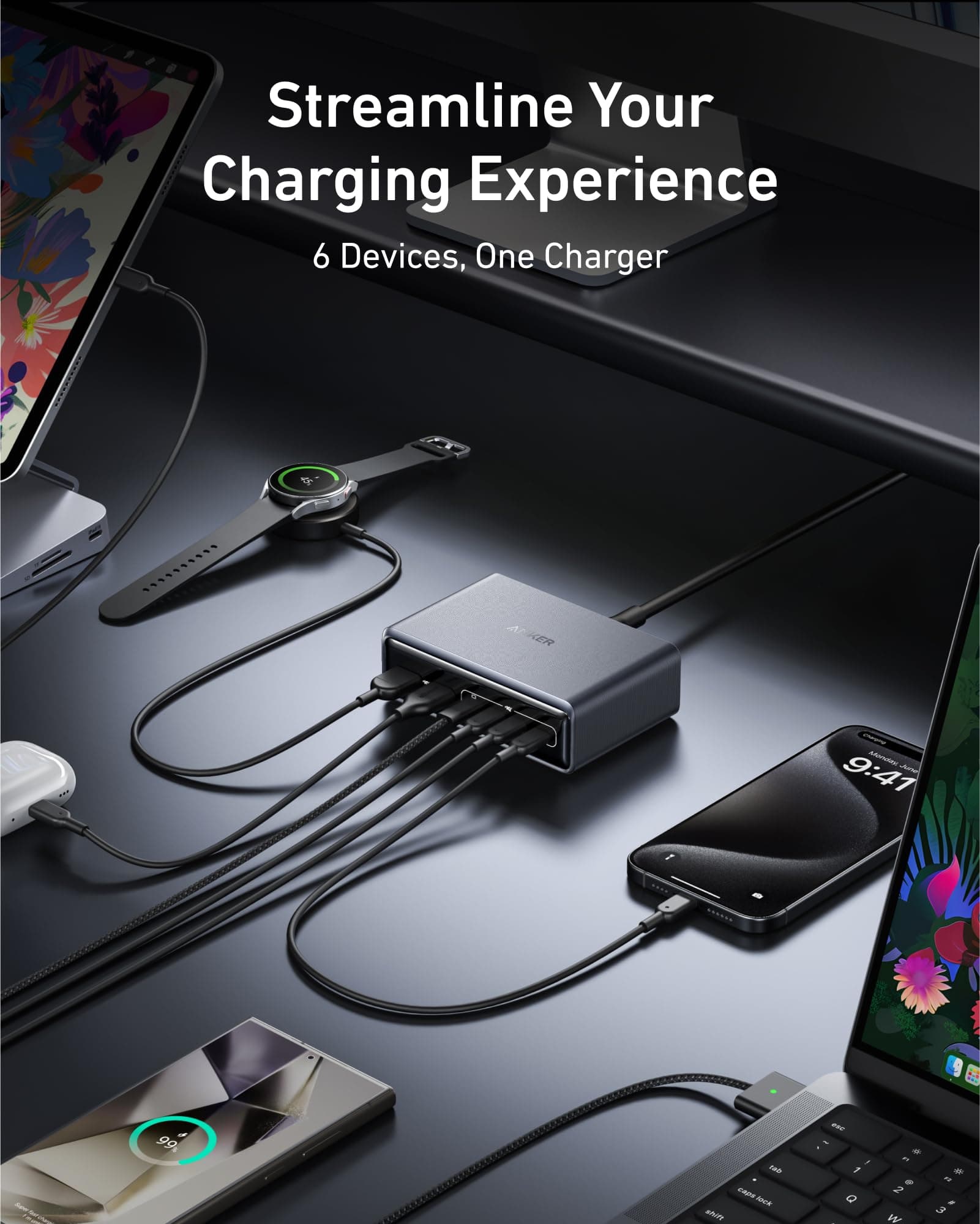Anker Prime Charging Station, 200W 6-Port GaN Desktop Charger, view 4