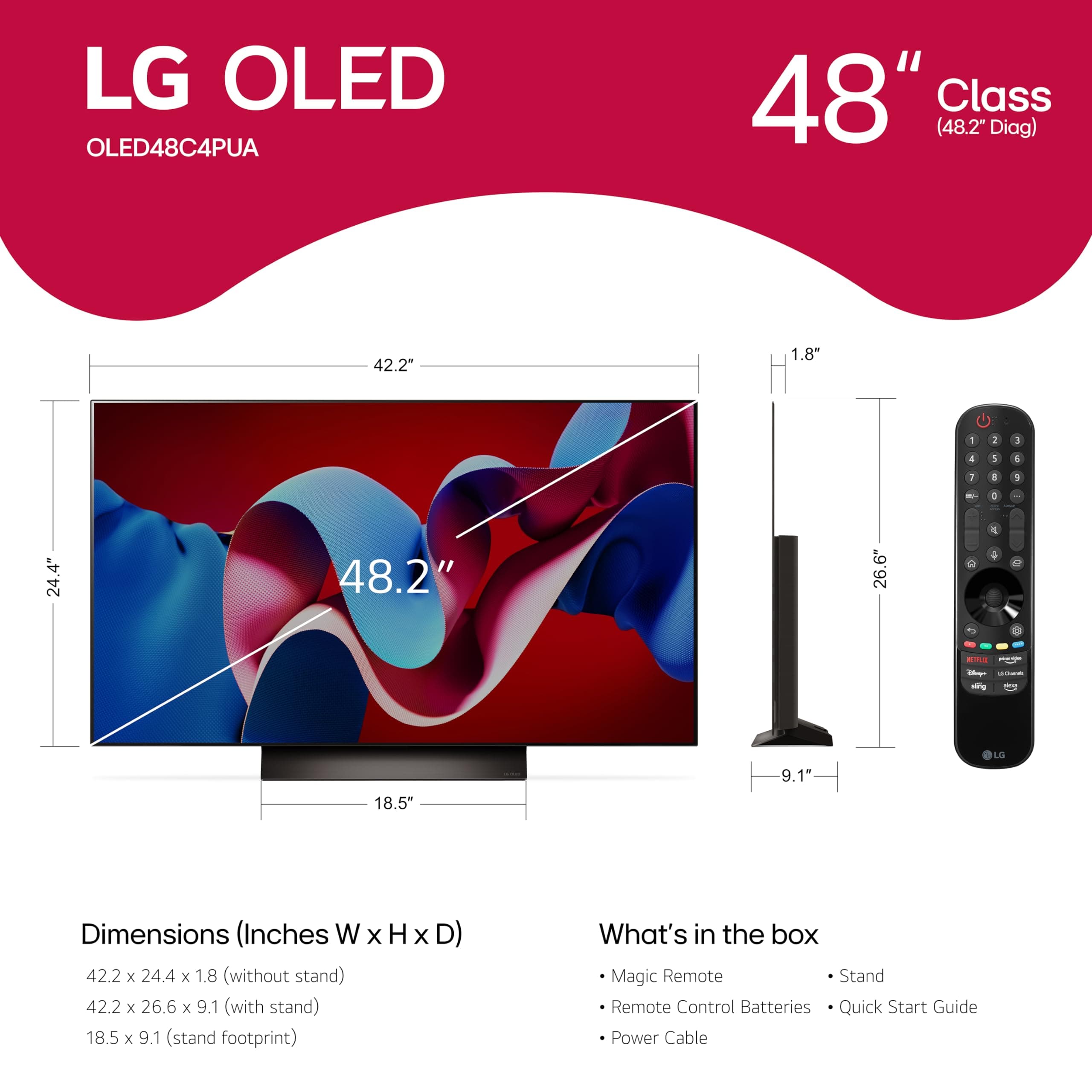 LG 48-Inch Class OLED evo C4 Series Smart TV 4K Processor Flat Screen with Magic Remote AI-Powered with Alexa Built-in (OLED48C4PUA, 2024),Black, view 2
