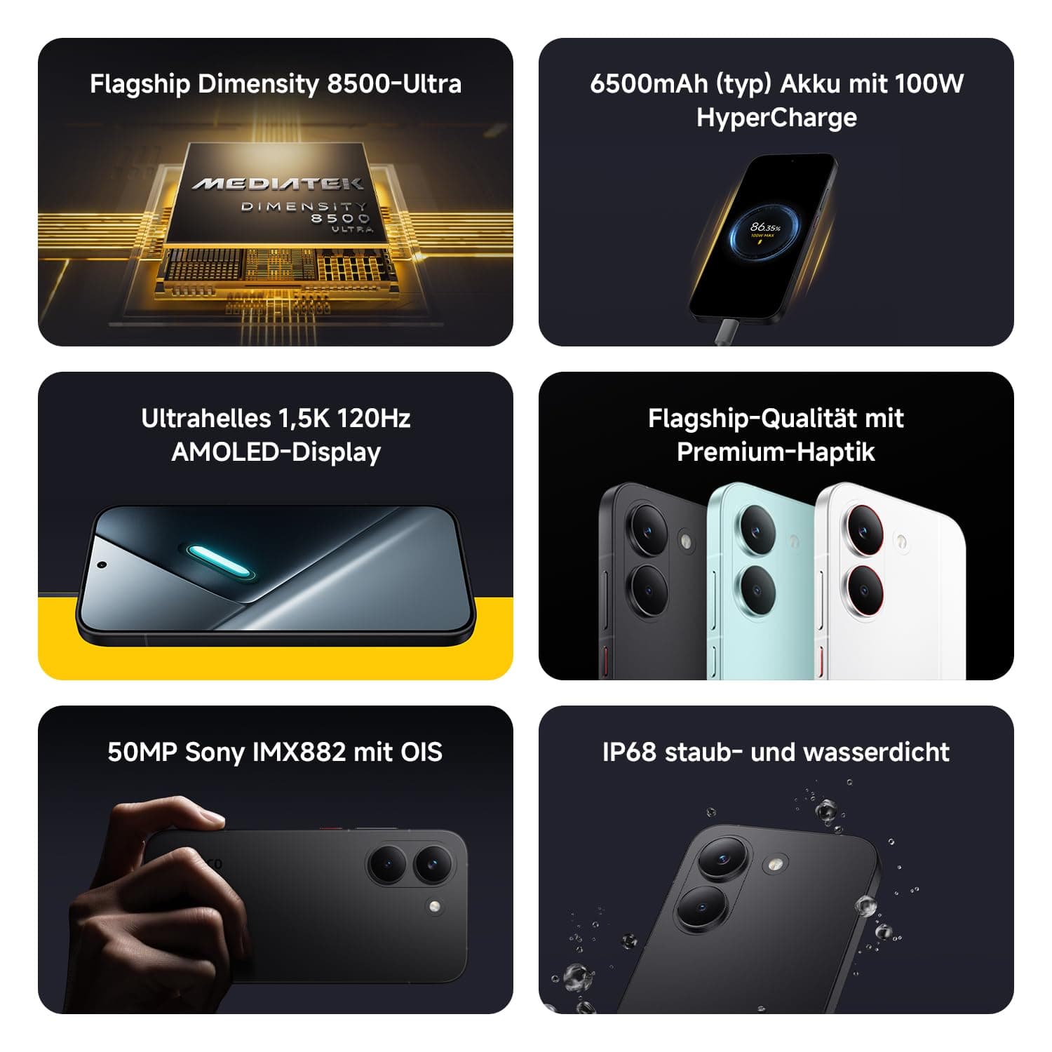 XIAOMI Poco X8 Pro Smartphone 8GB+256GB, Dimensity 8500-Ultra Prozessor, 6500mAh Akku, Ultra-helles AMOLED Display, 50MP Sony IMX882 Hauptkamera mit OIS, Schwarz, 3 Jahre Garantie, view 2