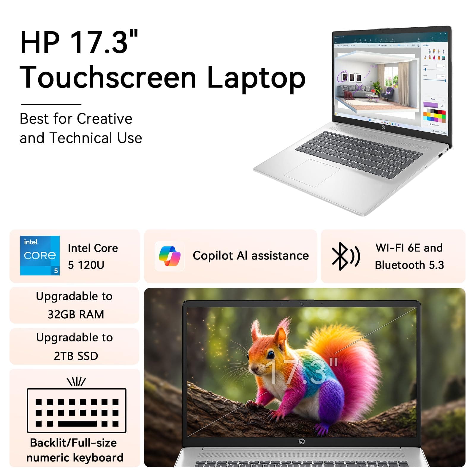 HP 17 Inch Laptop Touchscreen Computer, 17.3 HD+ Business Laptop AI PC, Intel Core 5(10-Core, Beat i7-1355U), 32GB RAM 1TB SSD, Windows 11 Pro, Backlit Keyboard, USB-C(Displayport)&HDMI, view 3