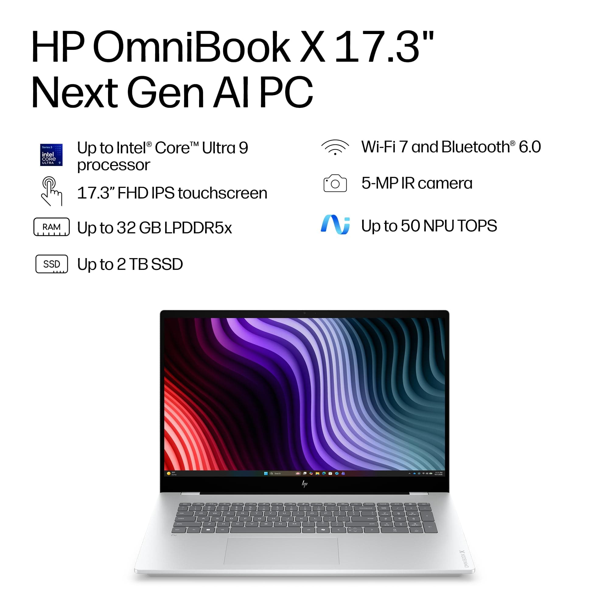 HP OmniBook X Laptop Next Gen AI 17-dd1000nr 17.3", Touch Screen, Windows 11 Home, Windows Laptop, Intel Core Ultra 7, 16GB RAM, 1TB SSD, FHD, Glacier Silver, view 5