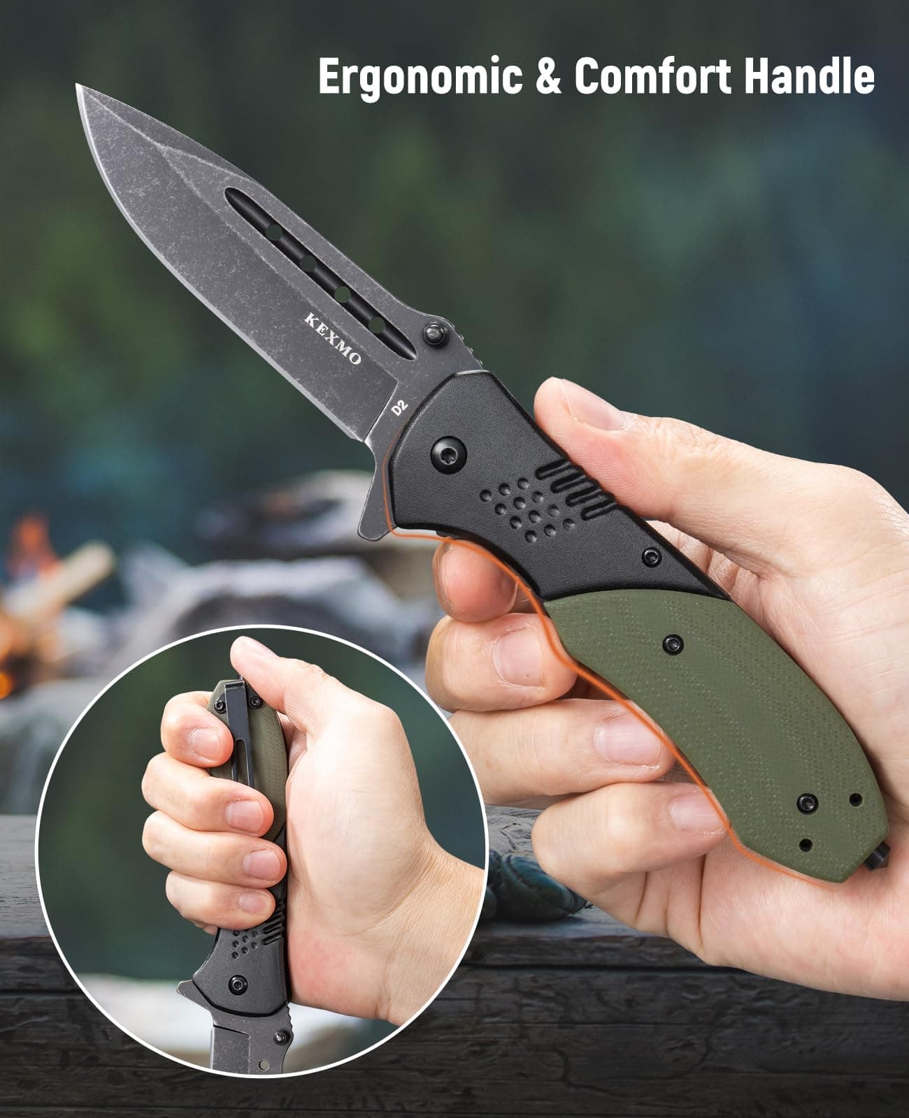 KEXMO Folding Pocket Knife with 3.46" D2 Steel Black Stone Wash Blade and G10 Handle Small Camping Knife for Men Women EDC Outdoor Survival Fishing, Green, view 5