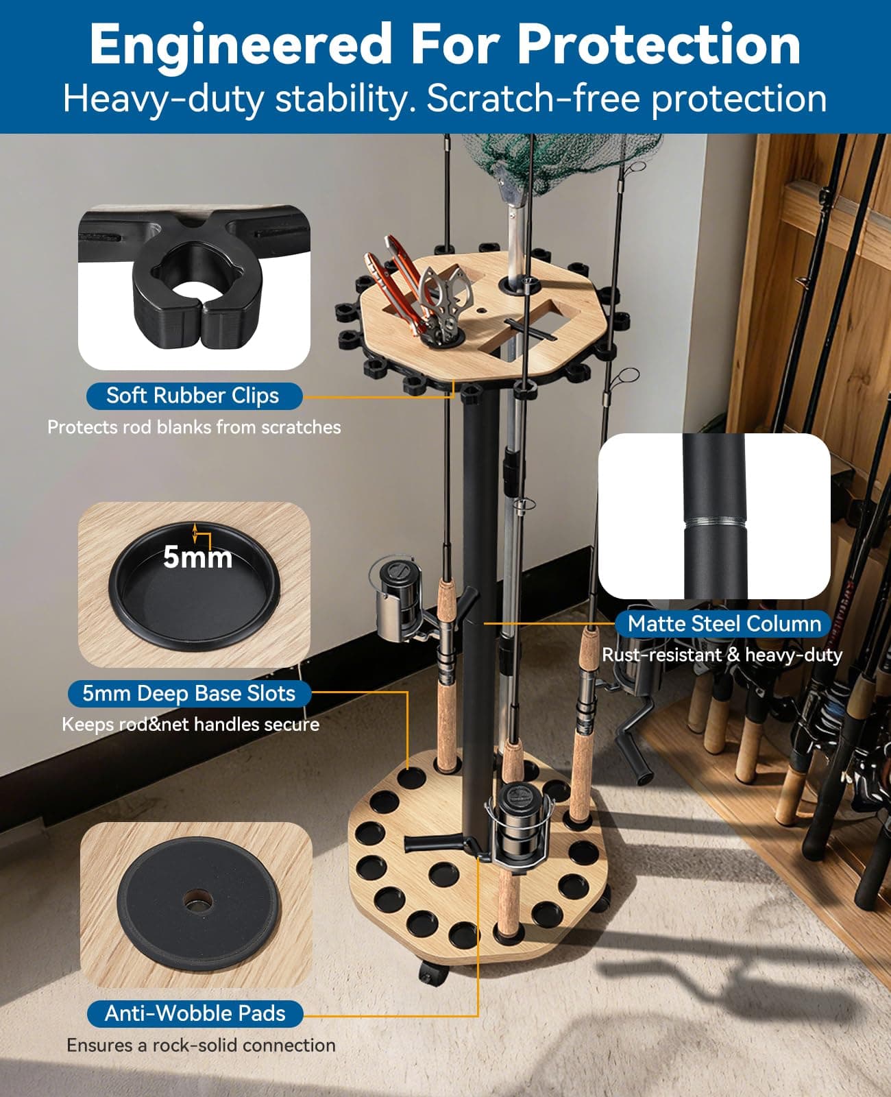 KEXMO Mobile Fishing Rod Holder Pole Rack for Garage, 360 Degree Lockable Wheels, Rigging Station, Heavy-Duty Steel Space-Saving Floor Stand, Holds 16 Combos, Fishing Gear Storage, Natural Wood Grain, view 5