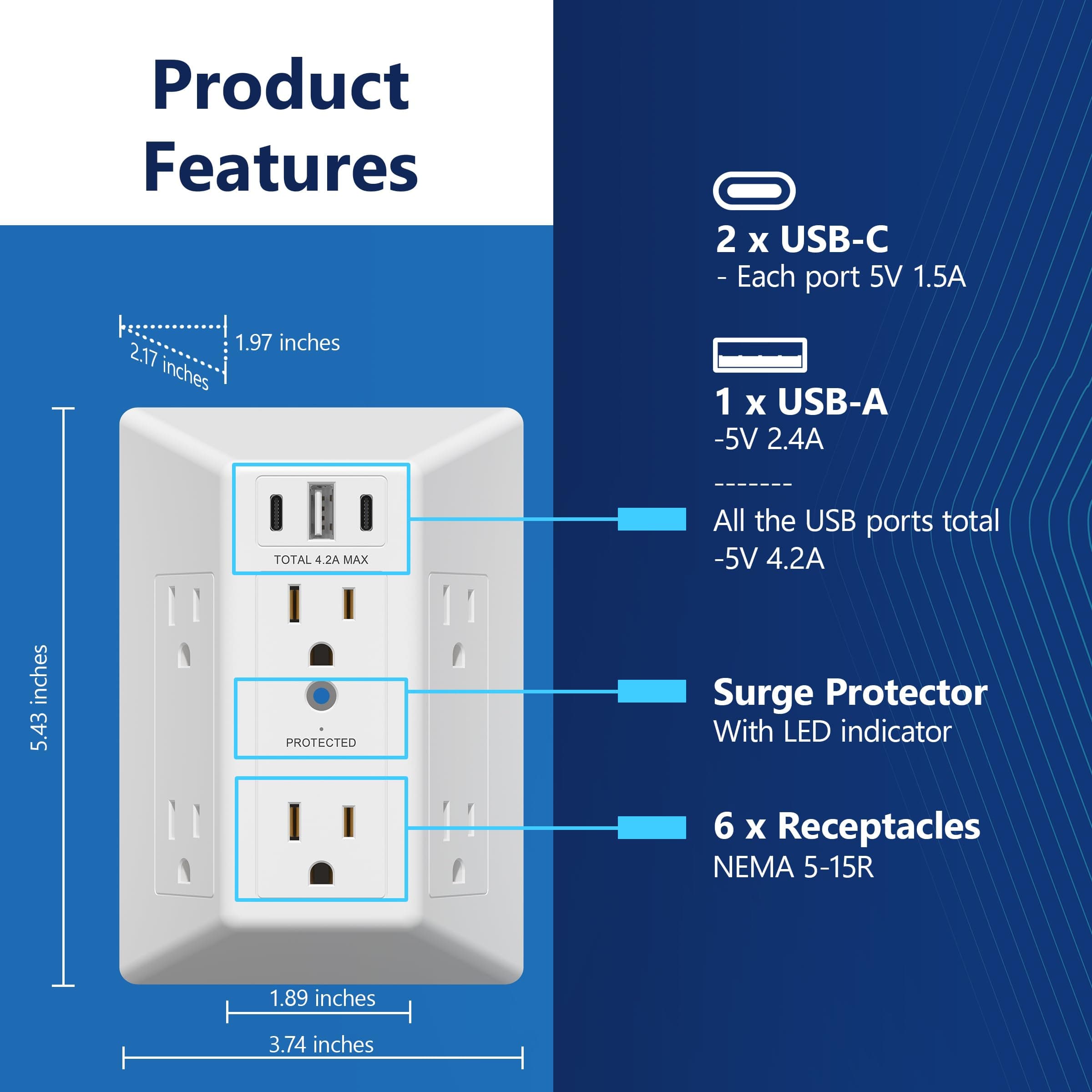 LIDER 6 Outlet Surge Protector Extender, 20W, 1500 Joules, Matte White, view 4