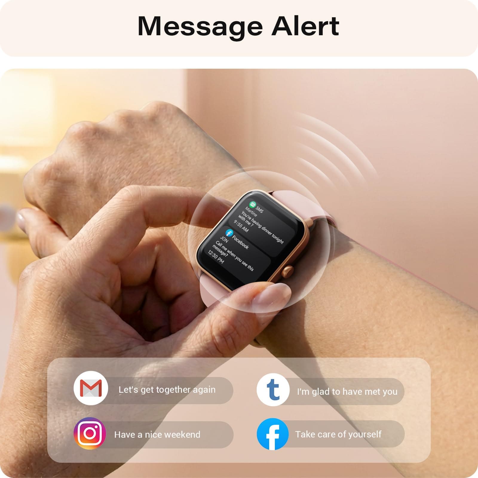 WNH Smart Watch for Women Android & iPhone, 1.8" Touch Screen Fitness Tracker with Alexa, Call & Notification Alerts, Heart Rate/Sleep/SpO2 Monitor, IP68 Waterproof, 120+ Sport Modes (Pink), view 3