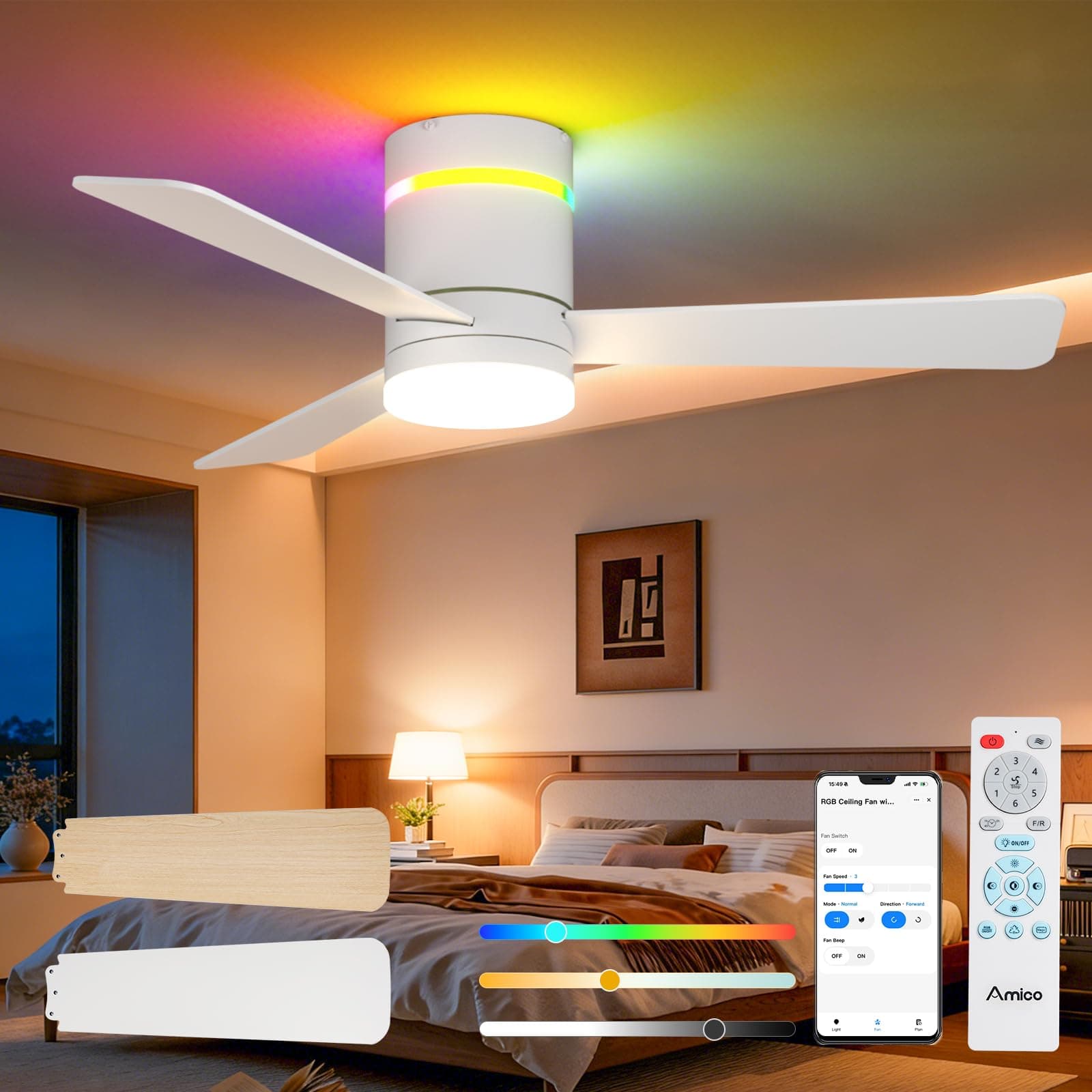 Amico 42‘’ RGB Ceiling Fans with Lights, Low Profile Flush Mount Small Ceiling Fan, Remote Control/APP Control, 3CCT, Reversible, Bedroom, Living Room, Kids Room, White