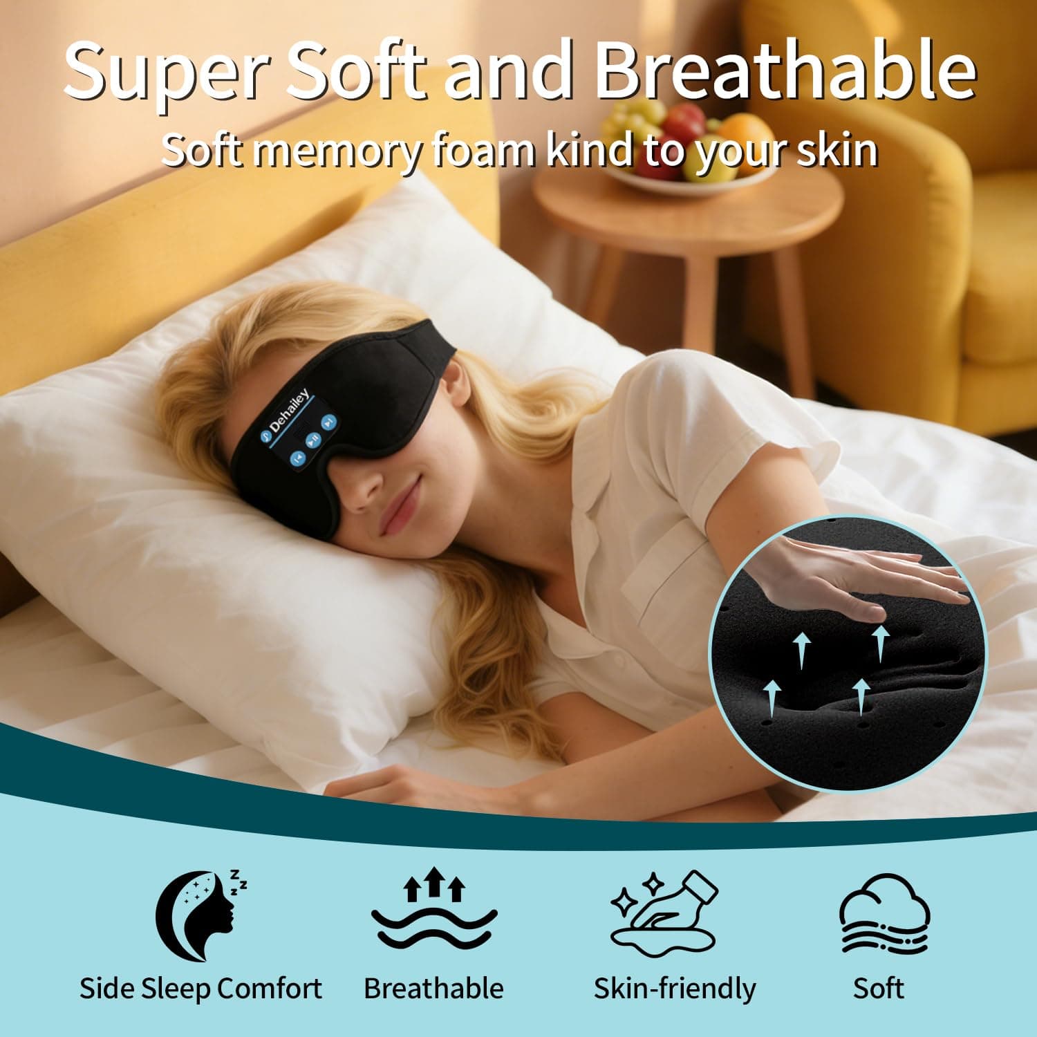 Dehailey Sleep Headphones, 3D Sleep Mask with Bluetooth Headphones, 100% Light Blocking Music Eye Mask, Sleeping Headphones for Side Sleepers Sleeping Mask Thin Stereo Speakers Perfect for Sleeping, view 3