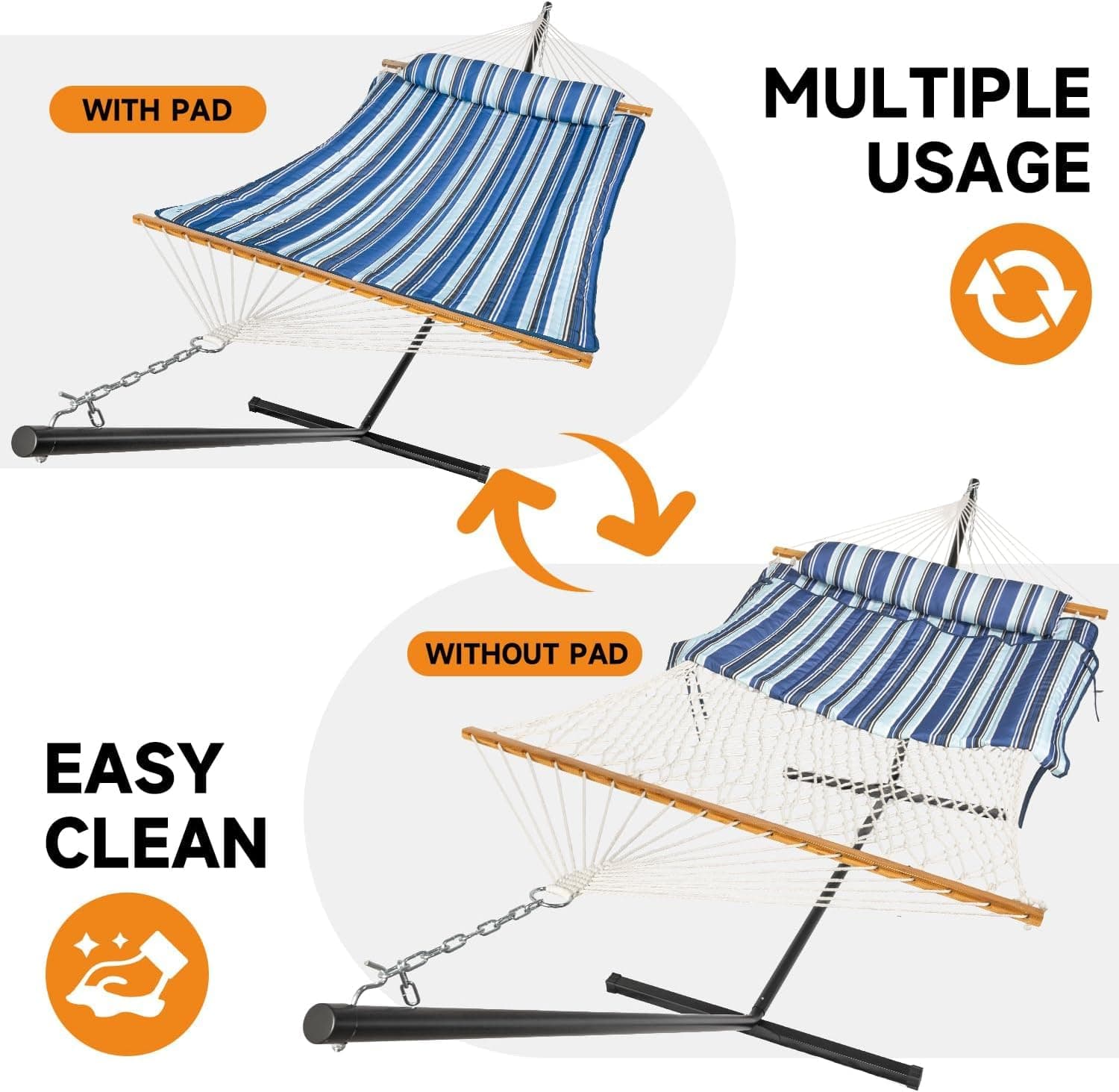 Everyfun Cotton Rope Hammock for 2 with Stand – 500 lbs Capacity, Adjustable Design with Removable Padded Mat, Portable Hammock with Carry Bag for Patio, Garden, Indoor/Outdoor Use,Blue Stripe, view 2