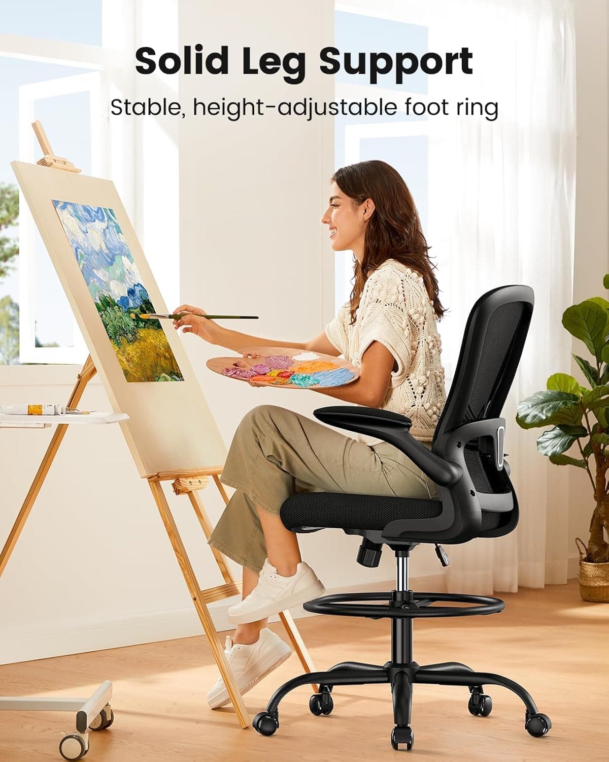 ErGear Drafting Chair, Standing Desk Chair with Flip-Up Armrests, High Desk Chair Adjustable Height, Ergonomic Tall Office Chair with Lumbar Support and Adjustable Footrest Ring, view 6
