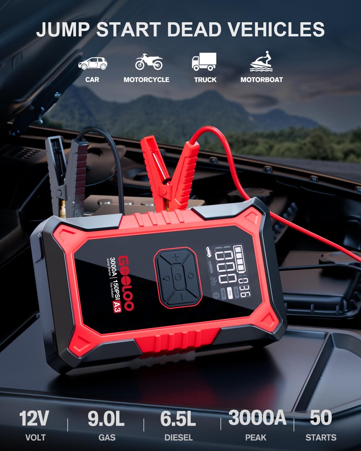 GOOLOO A3 12V 3000A Portable Jump Starter with Air Compressor, view 2