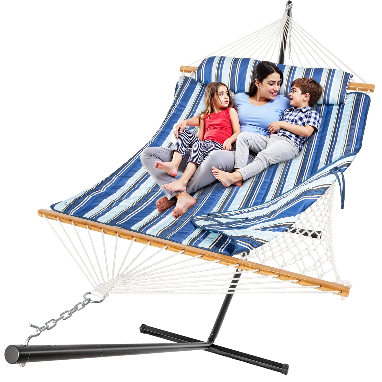 Everyfun Cotton Rope Hammock for 2 with Stand – 500 lbs Capacity, Adjustable Design with Removable Padded Mat, Portable Hammock with Carry Bag for Patio, Garden, Indoor/Outdoor Use,Blue Stripe