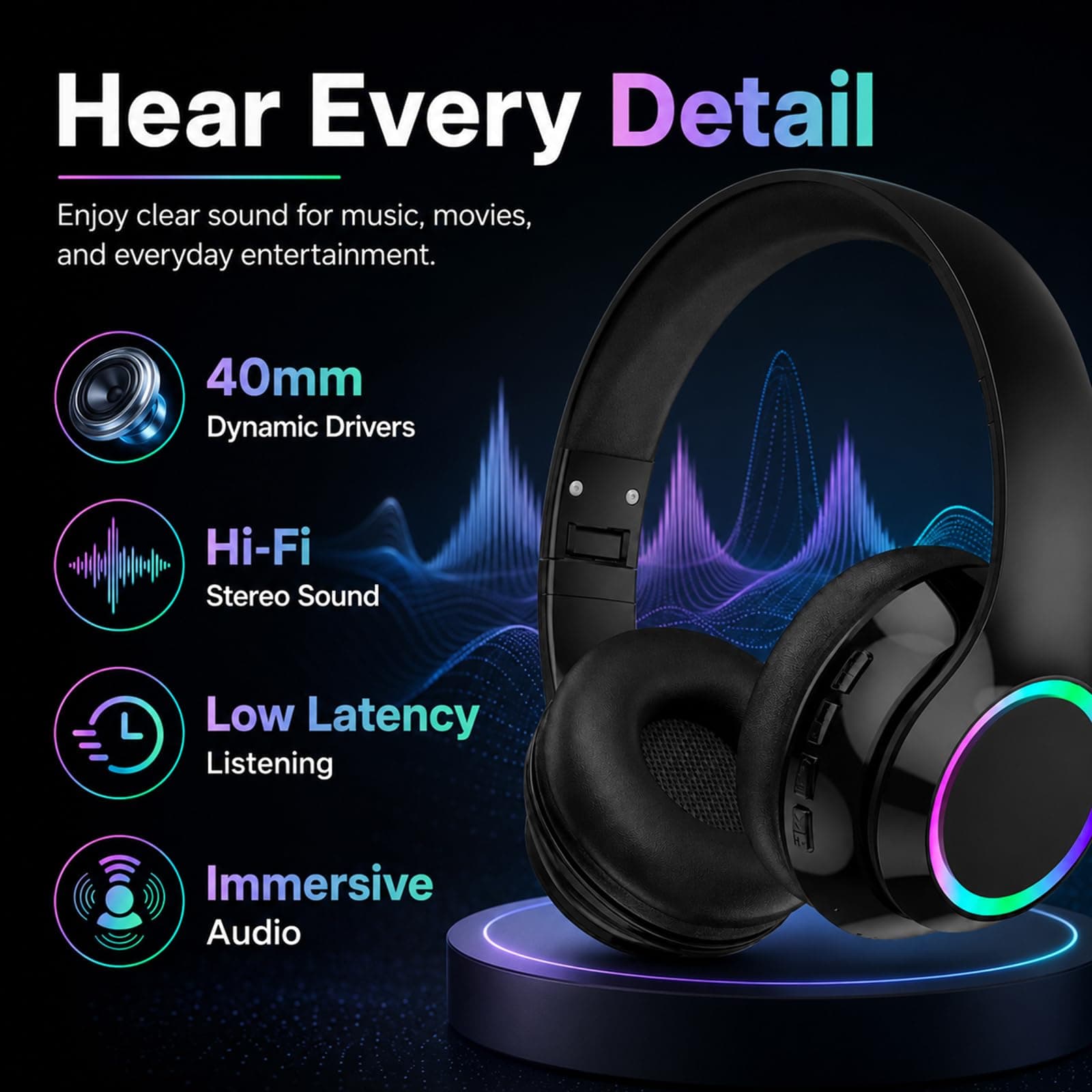 CYSRALFC Bluetooth Headphones, Over Ear Wireless Headphones, RGB Light, Foldable Lightweight Headset with Microphone, Wireless Headphones for Cell Phone, Music, Gaming, School, Home Office, view 2