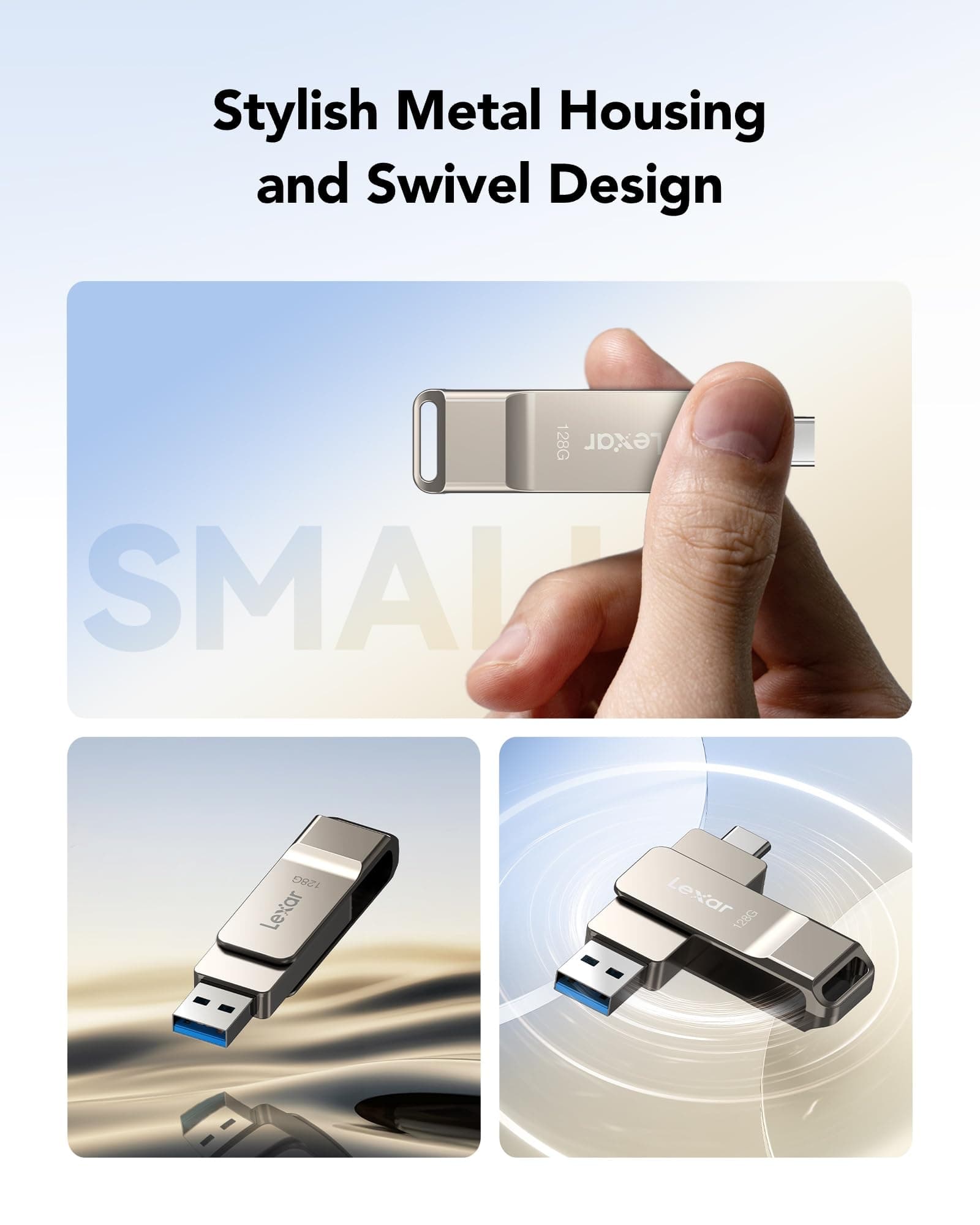 Lexar D40E 128GB Dual USB 3.2 Gen 1 Type-C Jump Drive, Champagne Silver, view 6