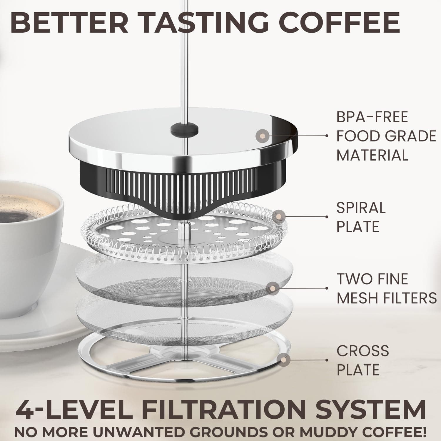 Cafe Du Chateau French Press Coffee Maker, 34 oz Glass, Stainless Steel, view 3