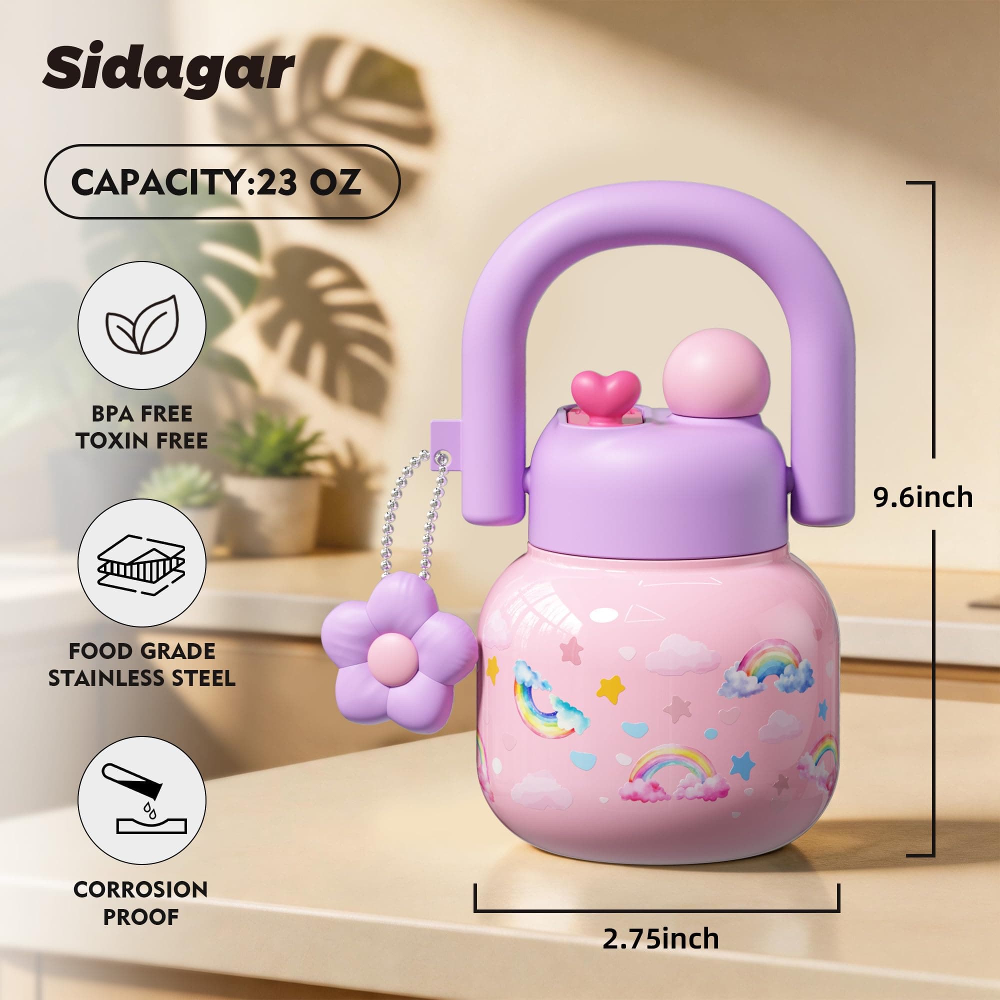 Sidagar 22 oz Tote Insulated Water Bottle with Handle, Leakproof, Rainbow, view 2
