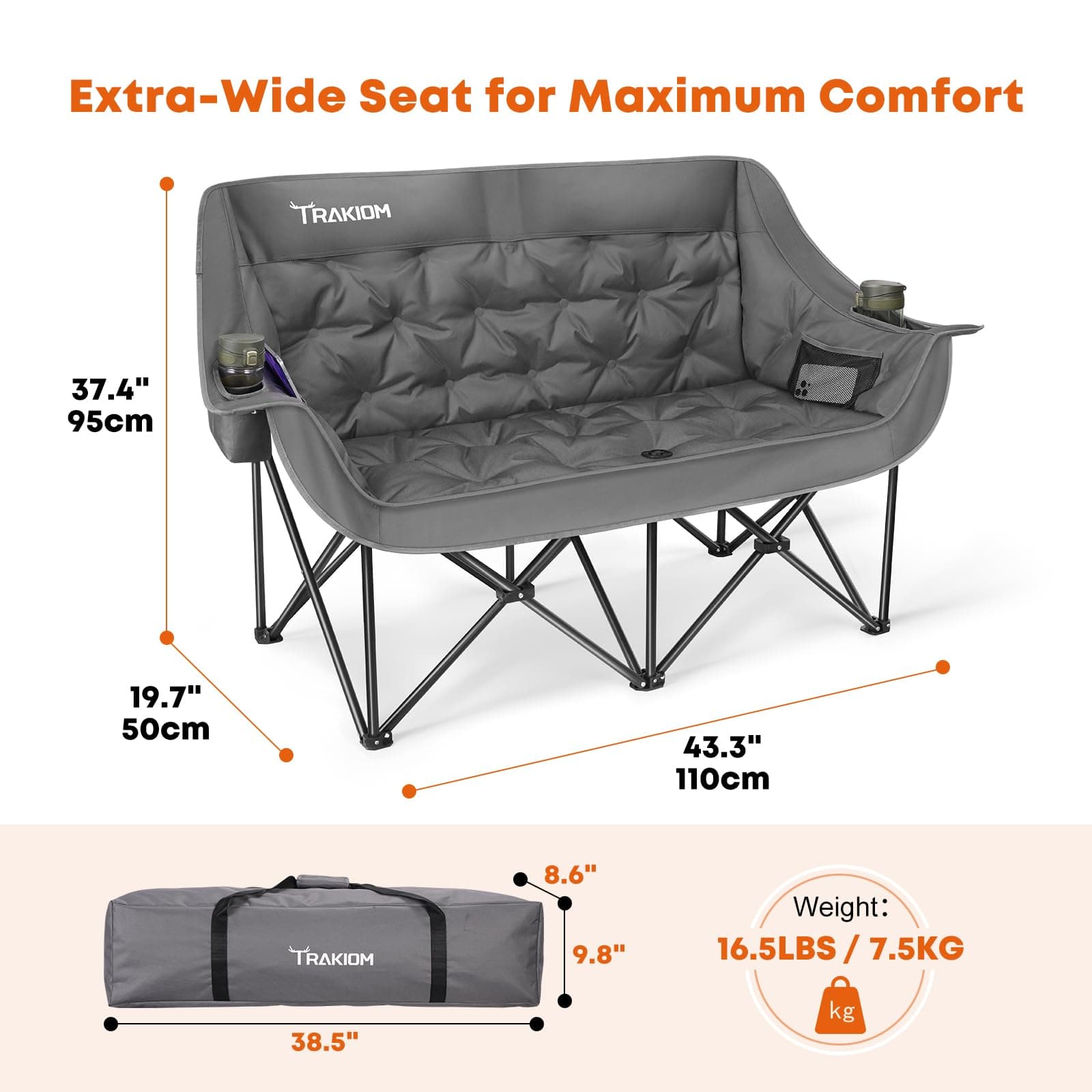 Trakiom Double Camping Chair, Oversized with Cup Holders, Grey, view 3