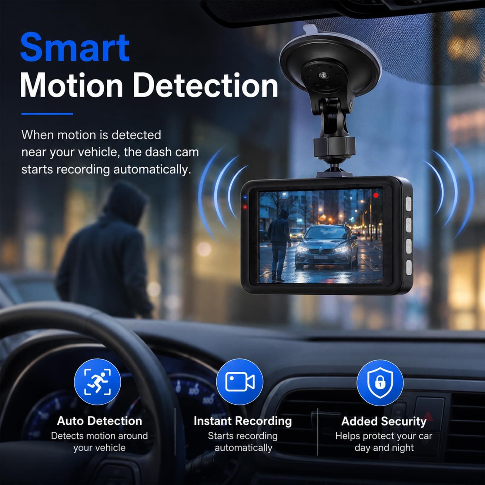 3-inch 1080p High-Definition Dash cam for Cars, 24 Hour Recording, 170° Large Wide-Angle,Super Night Vision, G-Sensor Parking Monitoring Loop Video Motion Detection, view 3
