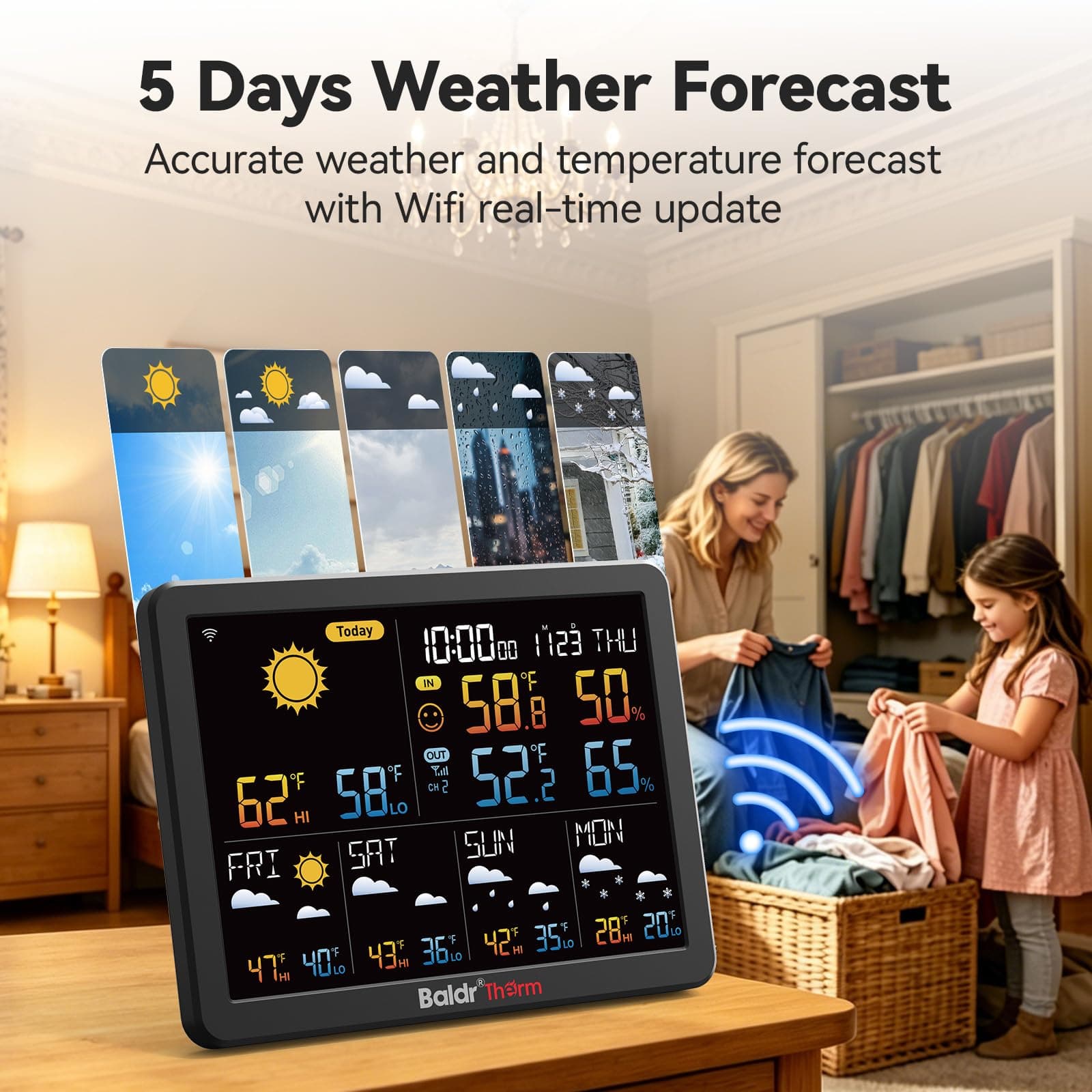 BaldrTherm WiFi Weather Station with 5-Day Forecast, Smart Backlight, Indoor Outdoor Thermometer Hygrometer with Remote App Alerts, 180m Range, 2.2” Large Display for Home, Garden, view 3