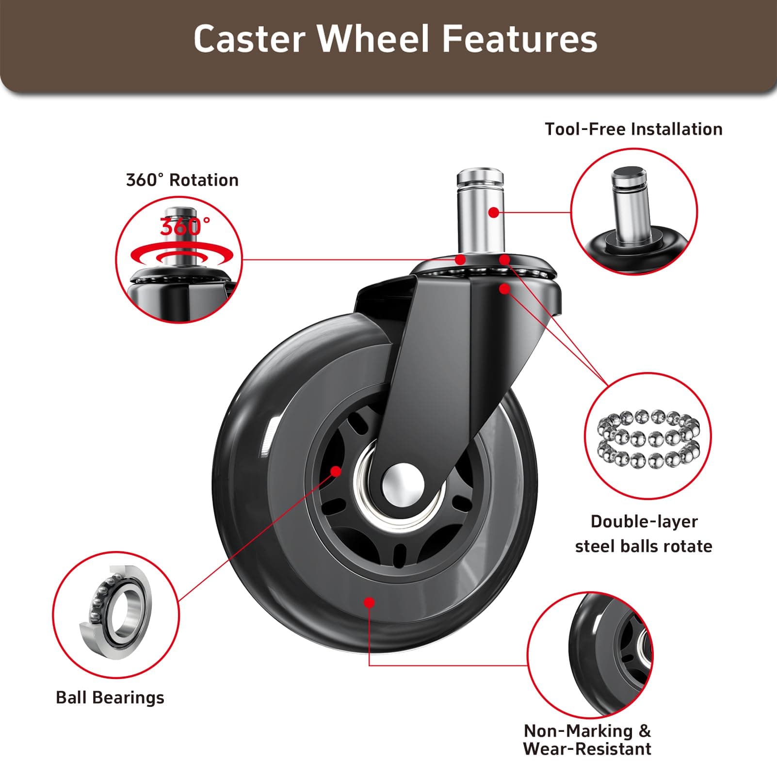 ASHGOOB 3 Inch Office Chair Wheels, Set of 5 (Black), view 4